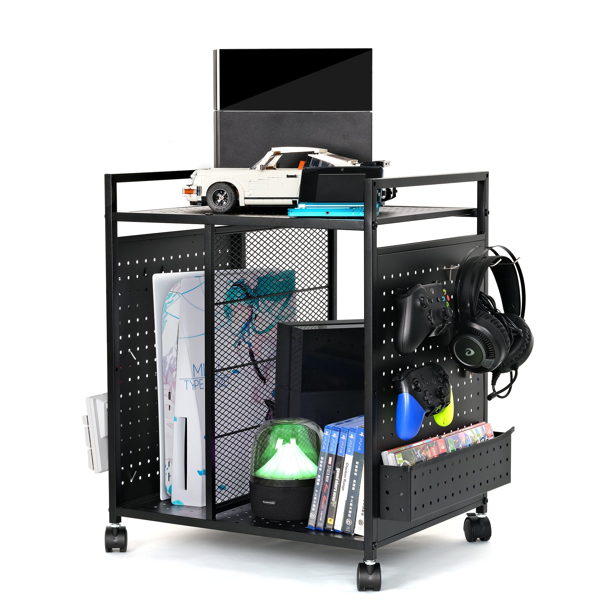 Mythinglogic Gaming Station Organizer, Metal Video Game Controller Holder, Game Organizer Storage Rack for PS5/PS4/Xbox/Switch/Headsets/Gamepads/Gaming Accessories (White)
