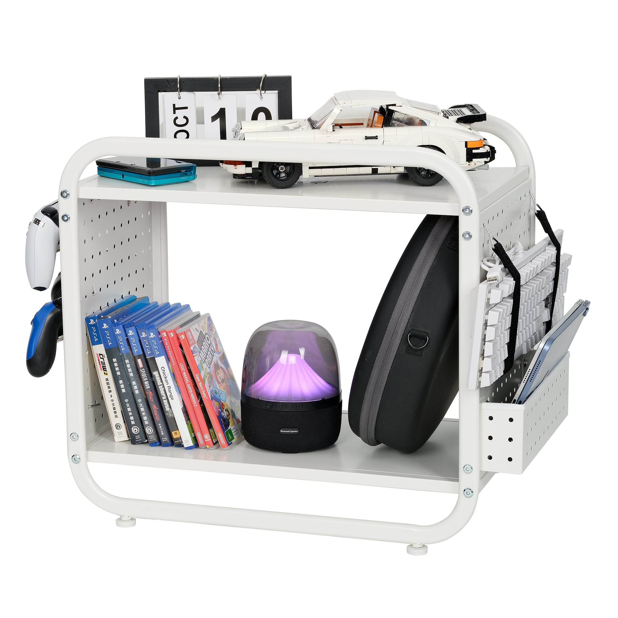 Mythinglogic Gaming Station Organizer, Metal Game Controller Holder Organizer, Video Game Console Storage Rack for PS5/PS4/Xbox/Switch/Gaming Accessories (White)