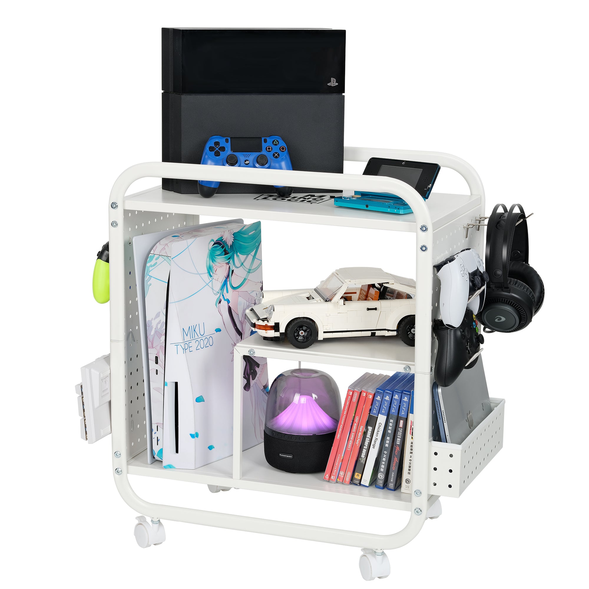 Mythinglogic Gaming Station Organizer, Metal Game Controller Holder, Video Game Console Storage Rack, Game Organizer Storage for PS5/PS4/Xbox/Switch/Gaming Accessories (White)