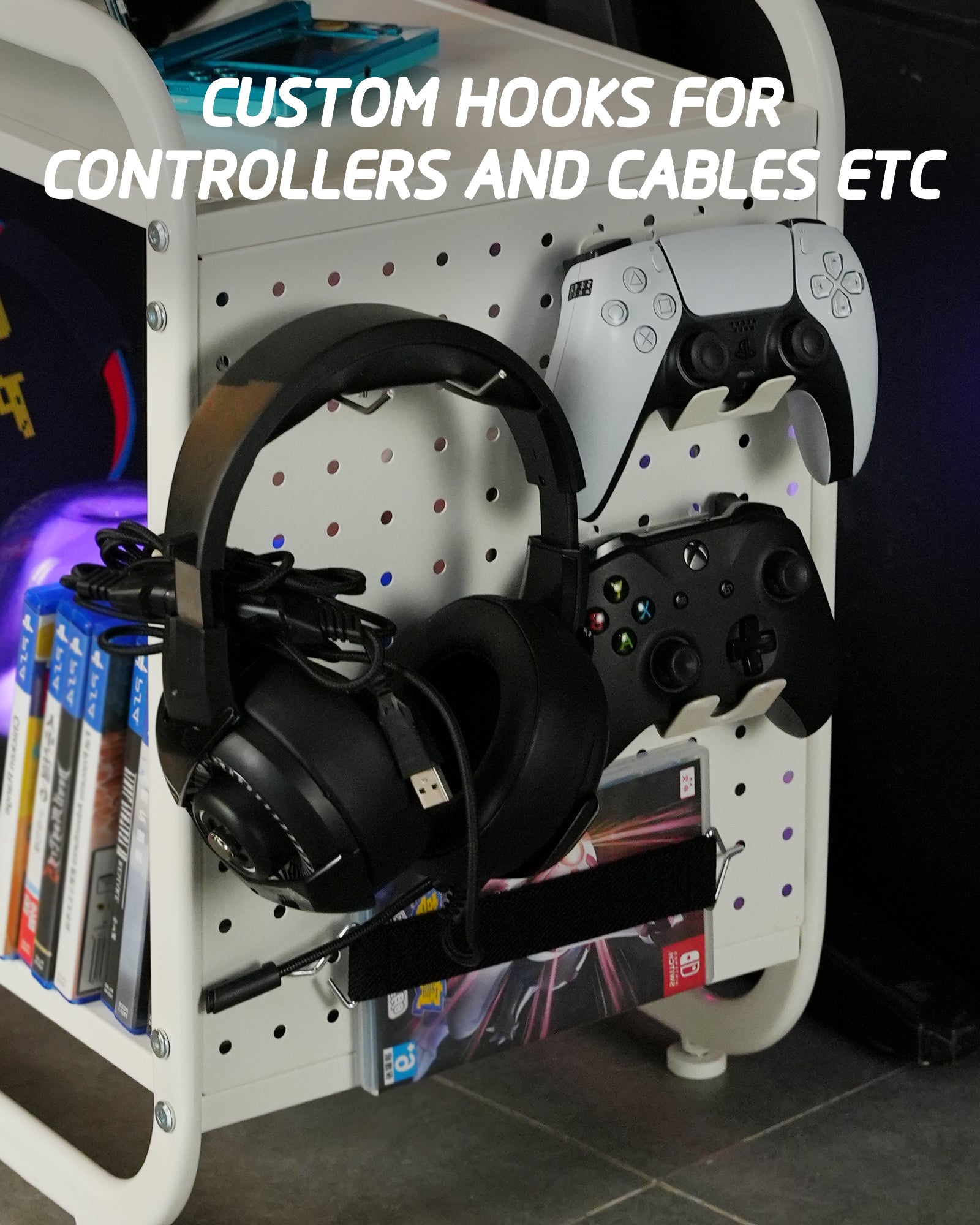 Mythinglogic Gaming Station Organizer, Metal Game Controller Holder, Video Game Console Storage Rack, Game Organizer Storage for PS5/PS4/Xbox/Switch/Gaming Accessories (White)