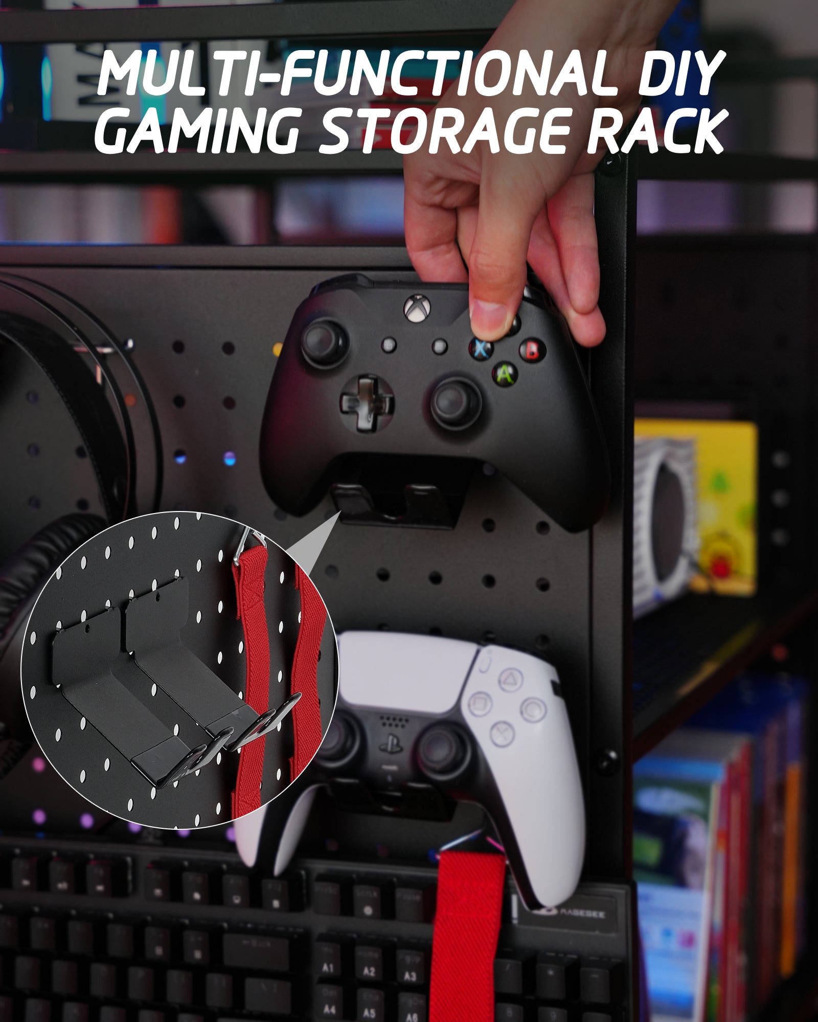 Mythinglogic Gaming Station Organizer, Metal Video Game Controller Holder, Game Organizer Storage Rack for PS5/PS4/Xbox/Switch/Headsets/Gamepads/Gaming Accessories (Black)