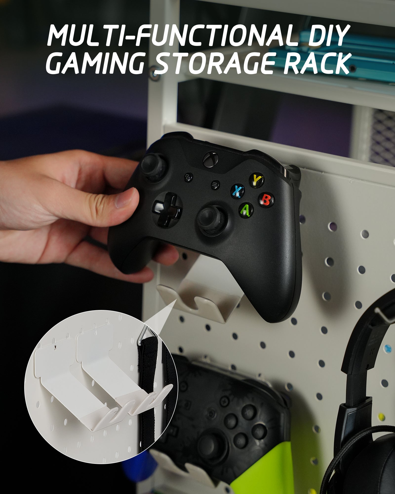 Mythinglogic Gaming Station Organizer, Metal Video Game Controller Holder, Game Organizer Storage Rack for PS5/PS4/Xbox/Switch/Headsets/Gamepads/Gaming Accessories (White)