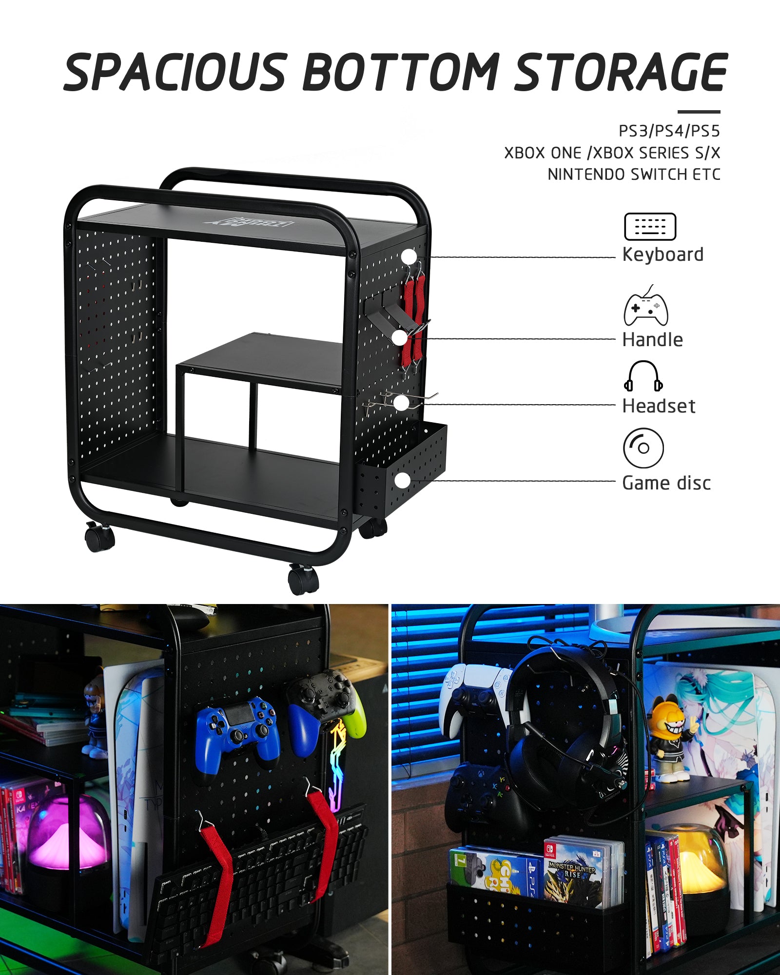 Mythinglogic Gaming Station Organizer, Metal Game Controller Holder, Video Game Console Storage Rack, Game Organizer Storage for PS5/PS4/Xbox/Switch/Gaming Accessories (Black)