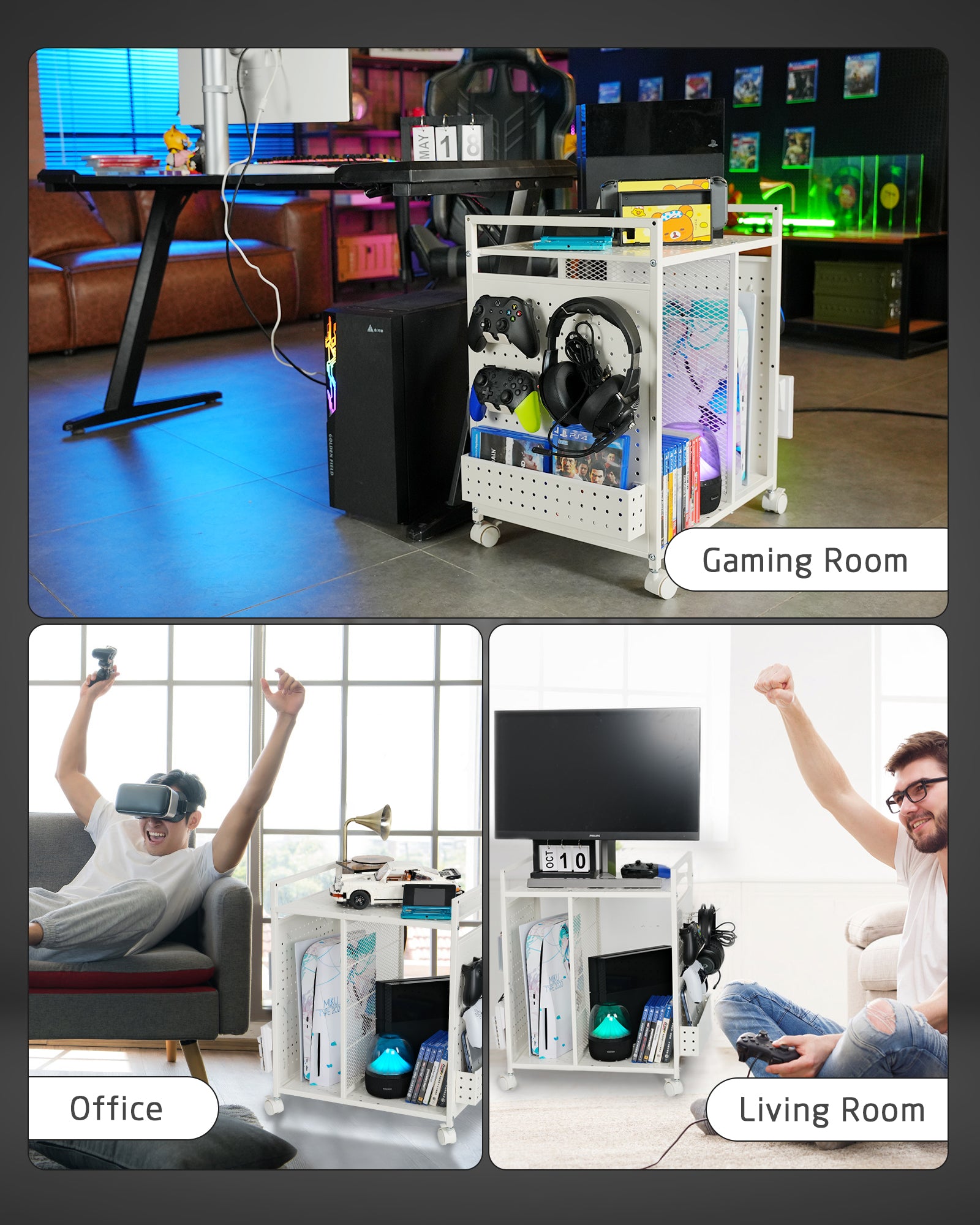 Mythinglogic Gaming Station Organizer, Metal Video Game Controller Holder, Game Organizer Storage Rack for PS5/PS4/Xbox/Switch/Headsets/Gamepads/Gaming Accessories (White)