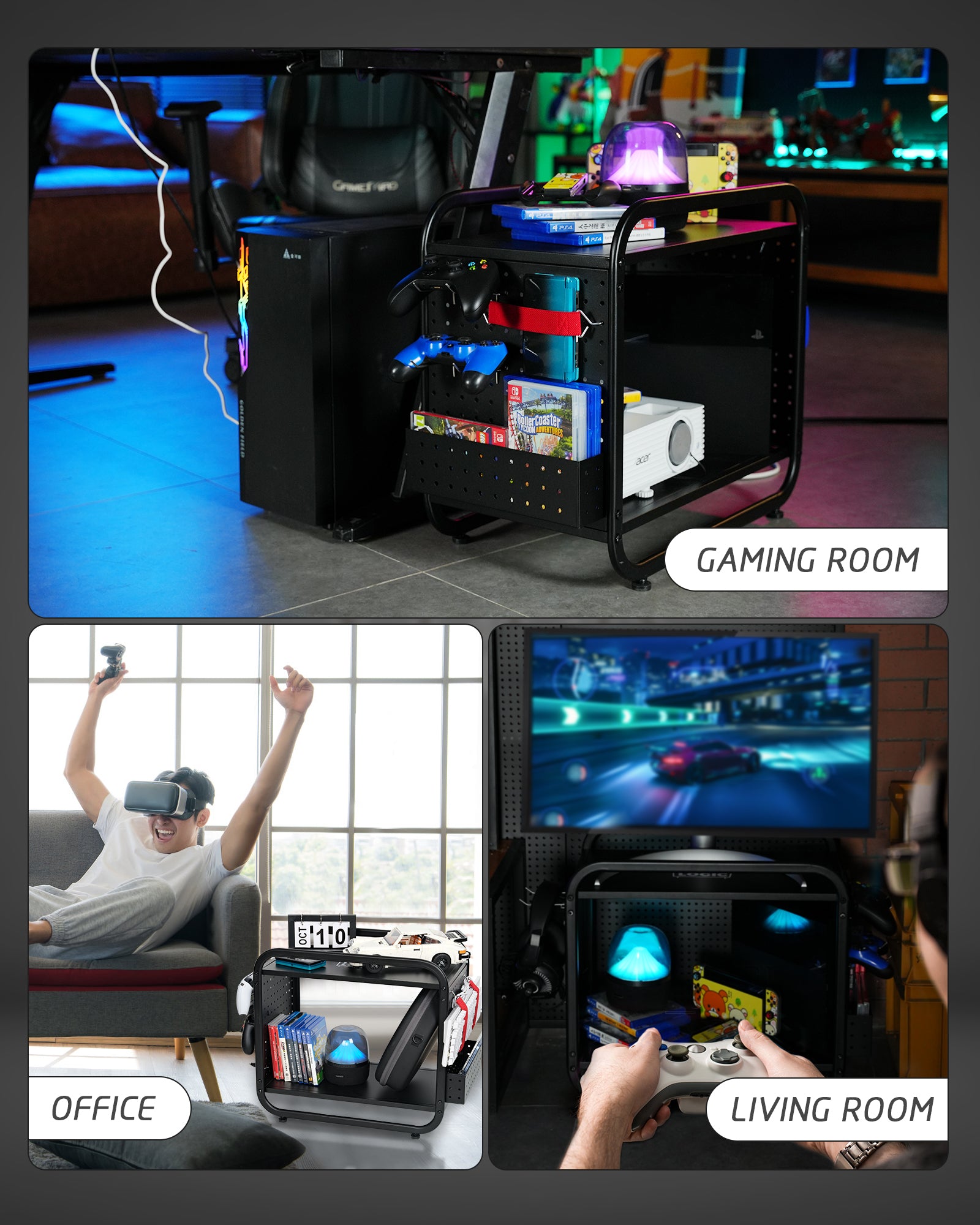Mythinglogic Gaming Station Organizer, Metal Game Controller Holder Organizer, Video Game Console Storage Rack for PS5/PS4/Xbox/Switch/Gaming Accessories (Black)