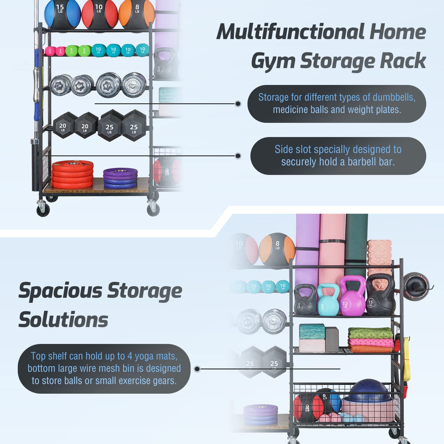 PLKOW Home Gym Storage for Dumbbells Kettlebells Yoga Mat and Balls, All in One Workout Storage with Wheels and Hook
