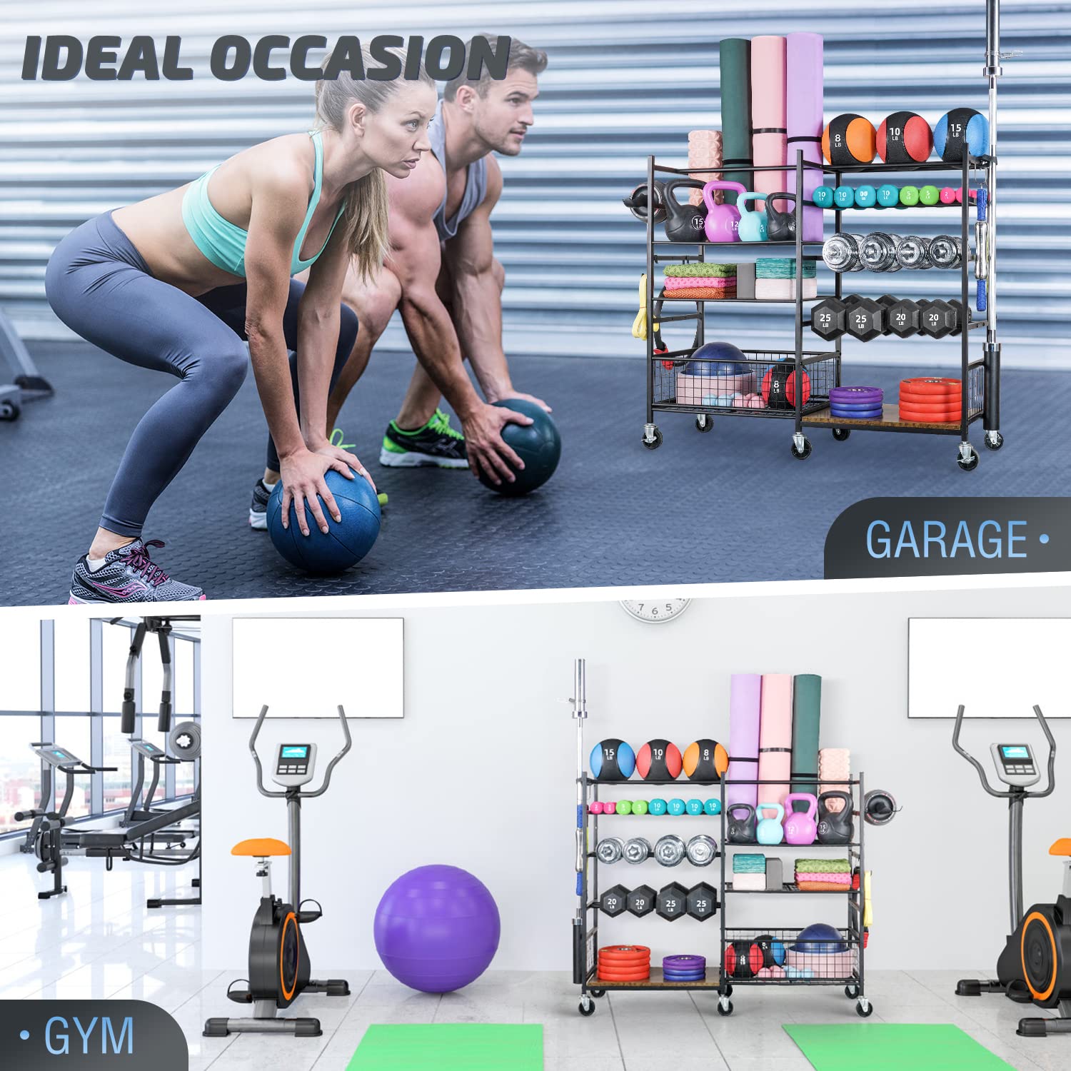 PLKOW Home Gym Storage for Dumbbells Kettlebells Yoga Mat and Balls, All in One Workout Storage with Wheels and Hook