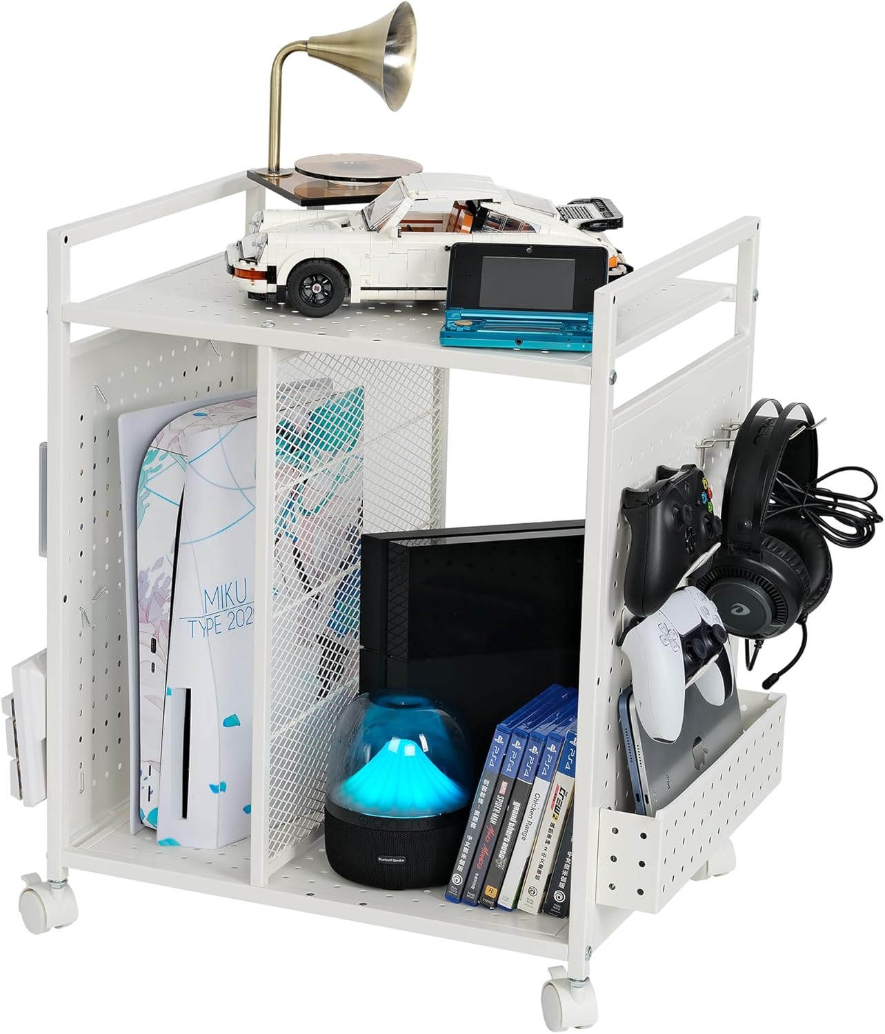 PLKOW Video Game Storage Rack, Game Storage Organizer for Consoles, Controllers, Headphones PS5 PS4 Xbox Switch Nintendo Accessories, Rolling PS5 Console Stand, Perfect Holiday Present