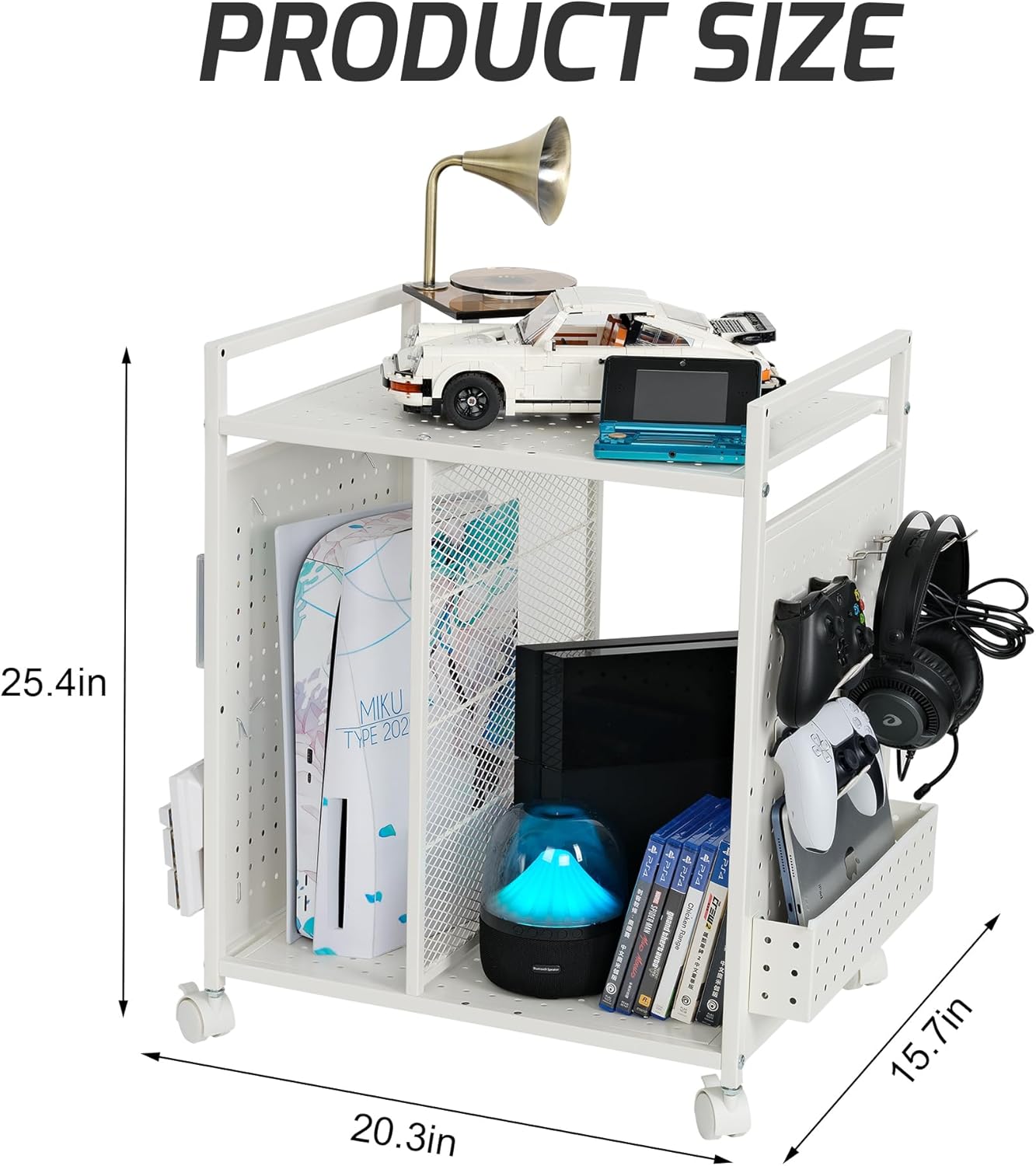 PLKOW Video Game Storage Rack, Game Storage Organizer for Consoles, Controllers, Headphones PS5 PS4 Xbox Switch Nintendo Accessories, Rolling PS5 Console Stand, Perfect Holiday Present