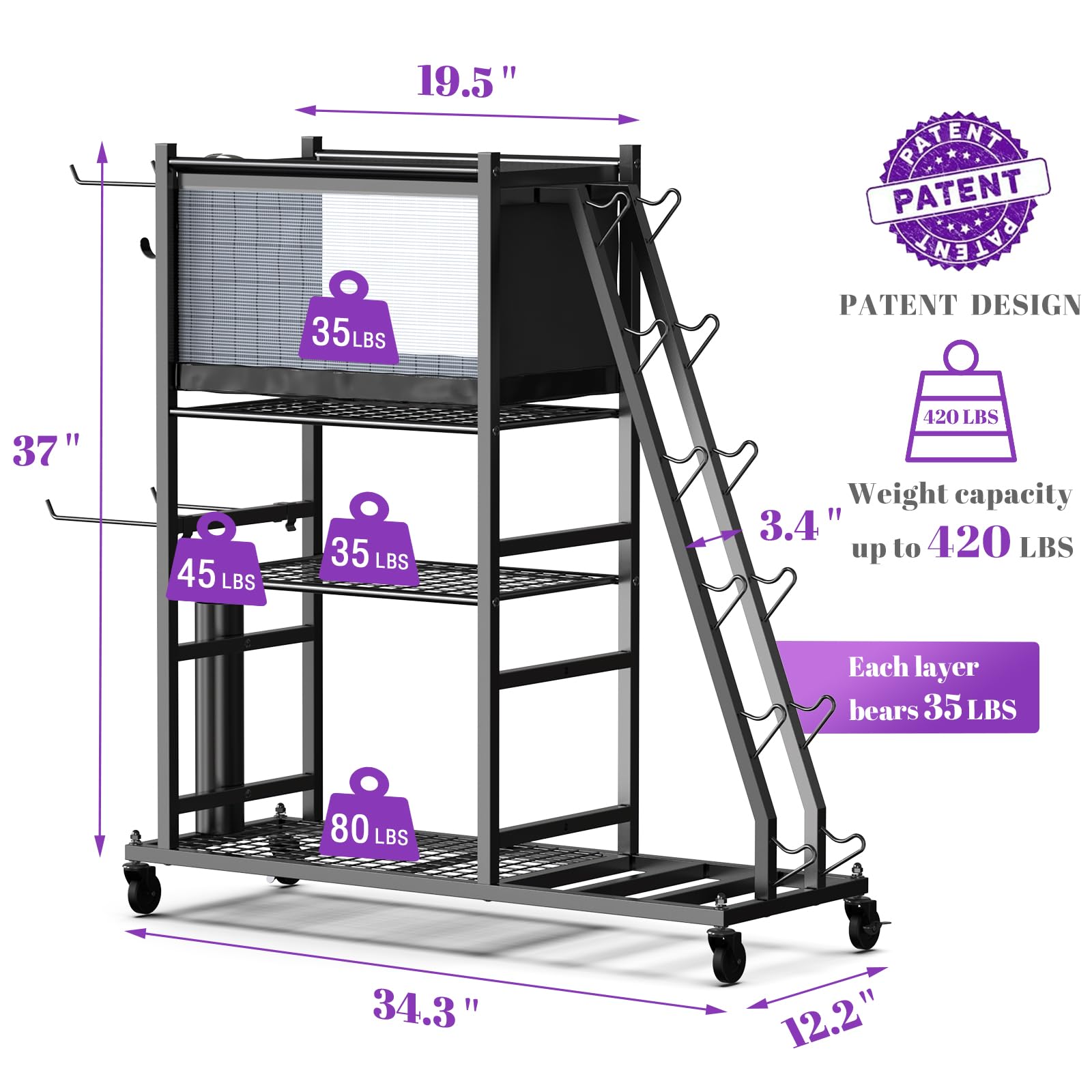 Mythinglogic Weight Rack for Yoga Mat Dumbbells Kettlebells and Strength Training Equipment, with Wheels and Hanging Hooks