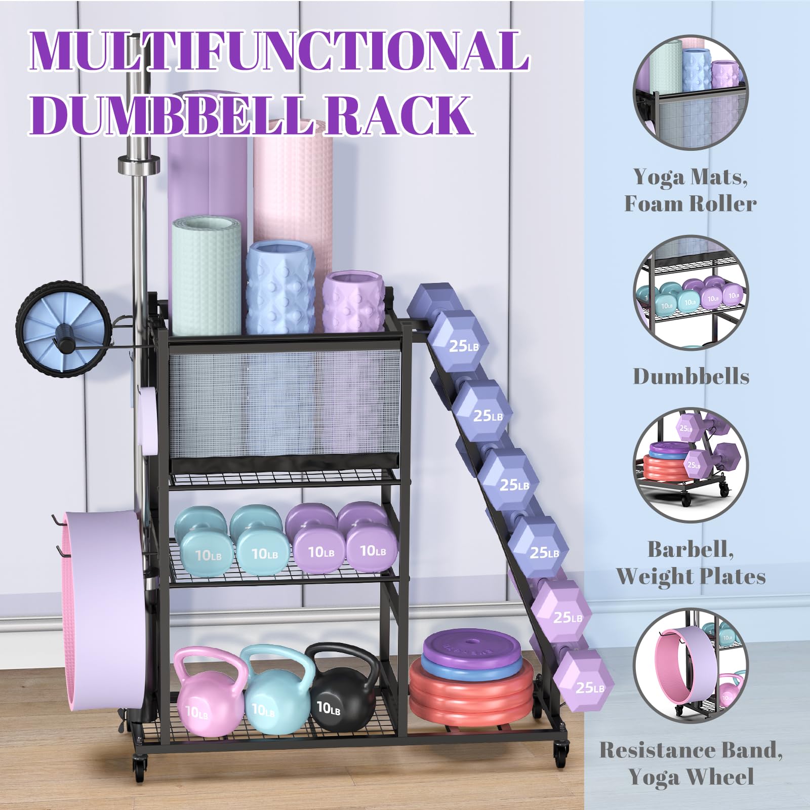 Mythinglogic Weight Rack for Yoga Mat Dumbbells Kettlebells and Strength Training Equipment, with Wheels and Hanging Hooks