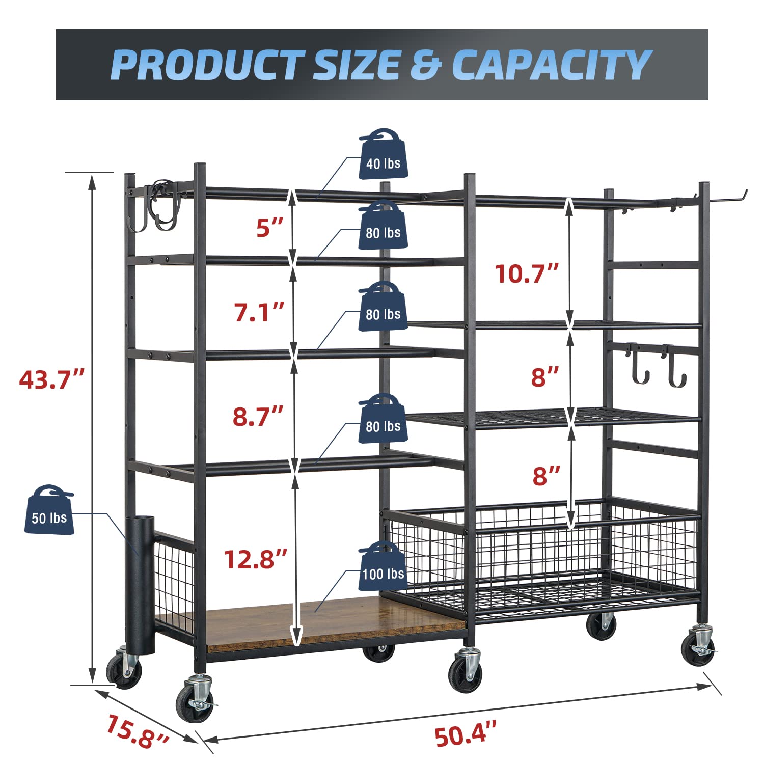 PLKOW Home Gym Storage for Dumbbells Kettlebells Yoga Mat and Balls, All in One Workout Storage with Wheels and Hook