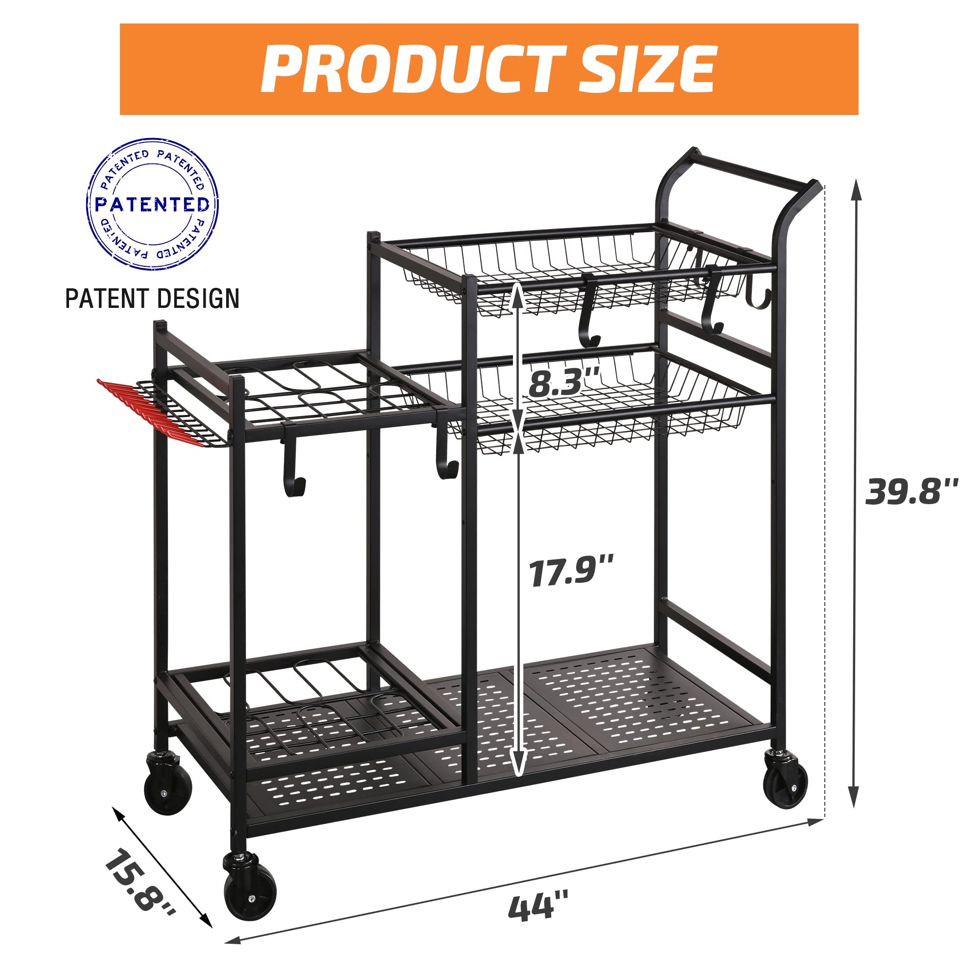 PLKOW Garden Storage Rack Cart with Wheels for Rakes, Shovel, Fertilizer