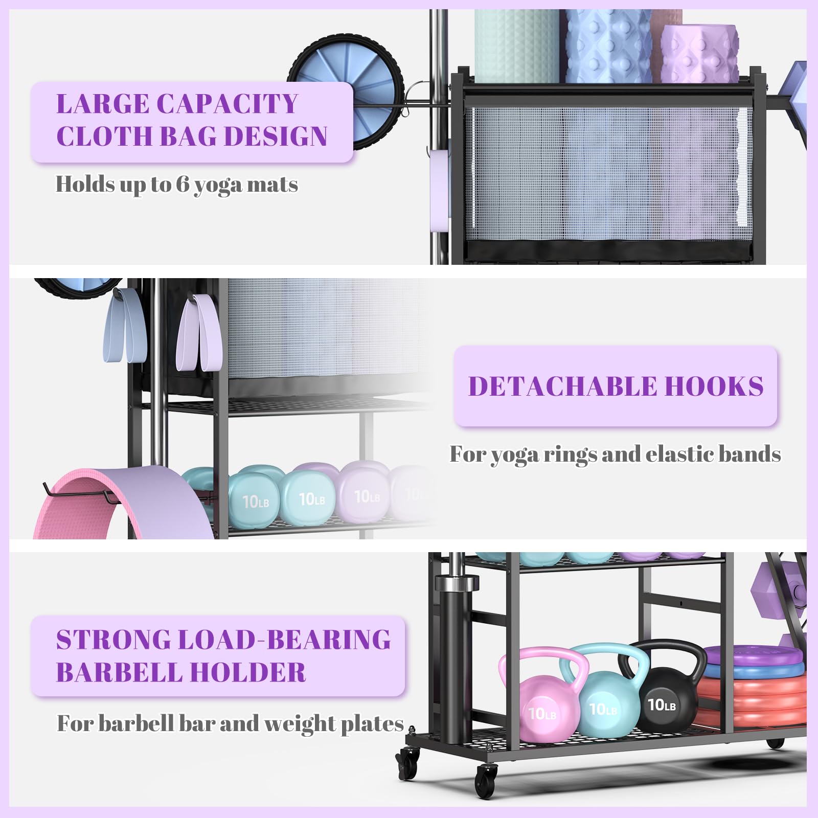 Mythinglogic Weight Rack for Yoga Mat Dumbbells Kettlebells and Strength Training Equipment, with Wheels and Hanging Hooks