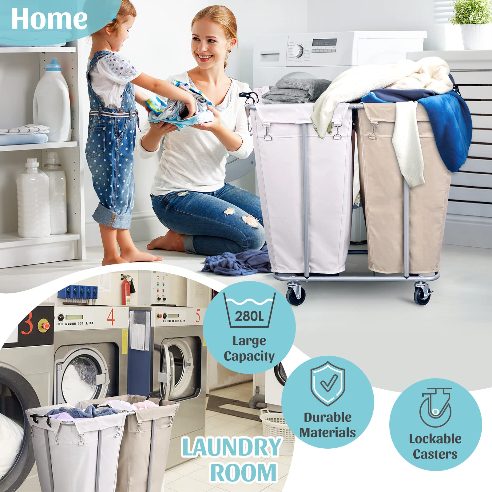 PLKOW Laundry Cart with Wheels 280L Large Laundry Sorter 2 Section for Commercial/Home