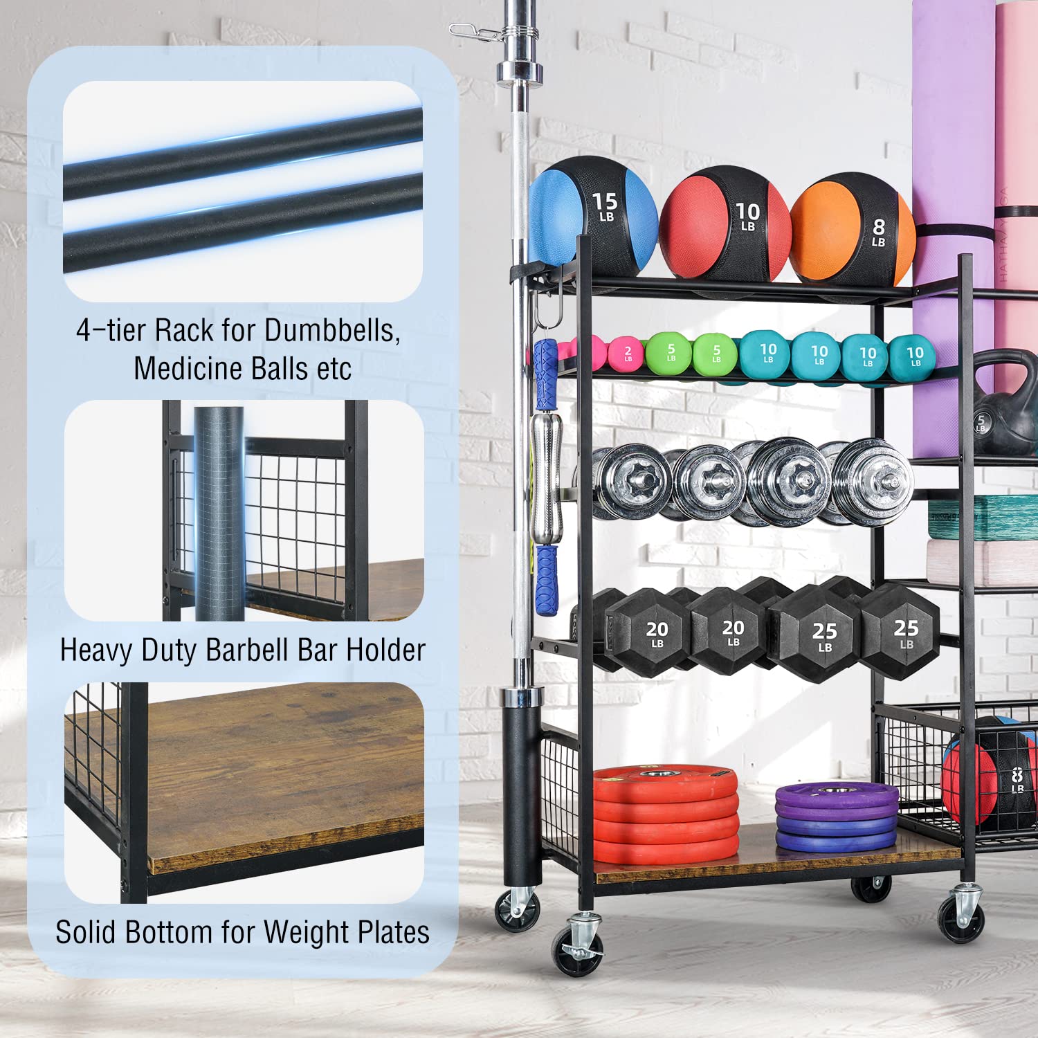 PLKOW Home Gym Storage for Dumbbells Kettlebells Yoga Mat and Balls, All in One Workout Storage with Wheels and Hook