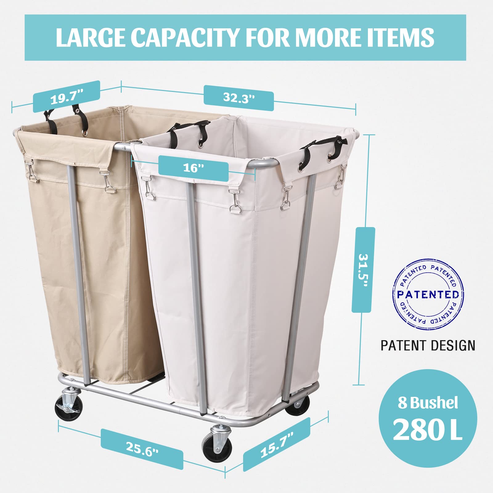 PLKOW Laundry Cart with Wheels 280L Large Laundry Sorter 2 Section for Commercial/Home
