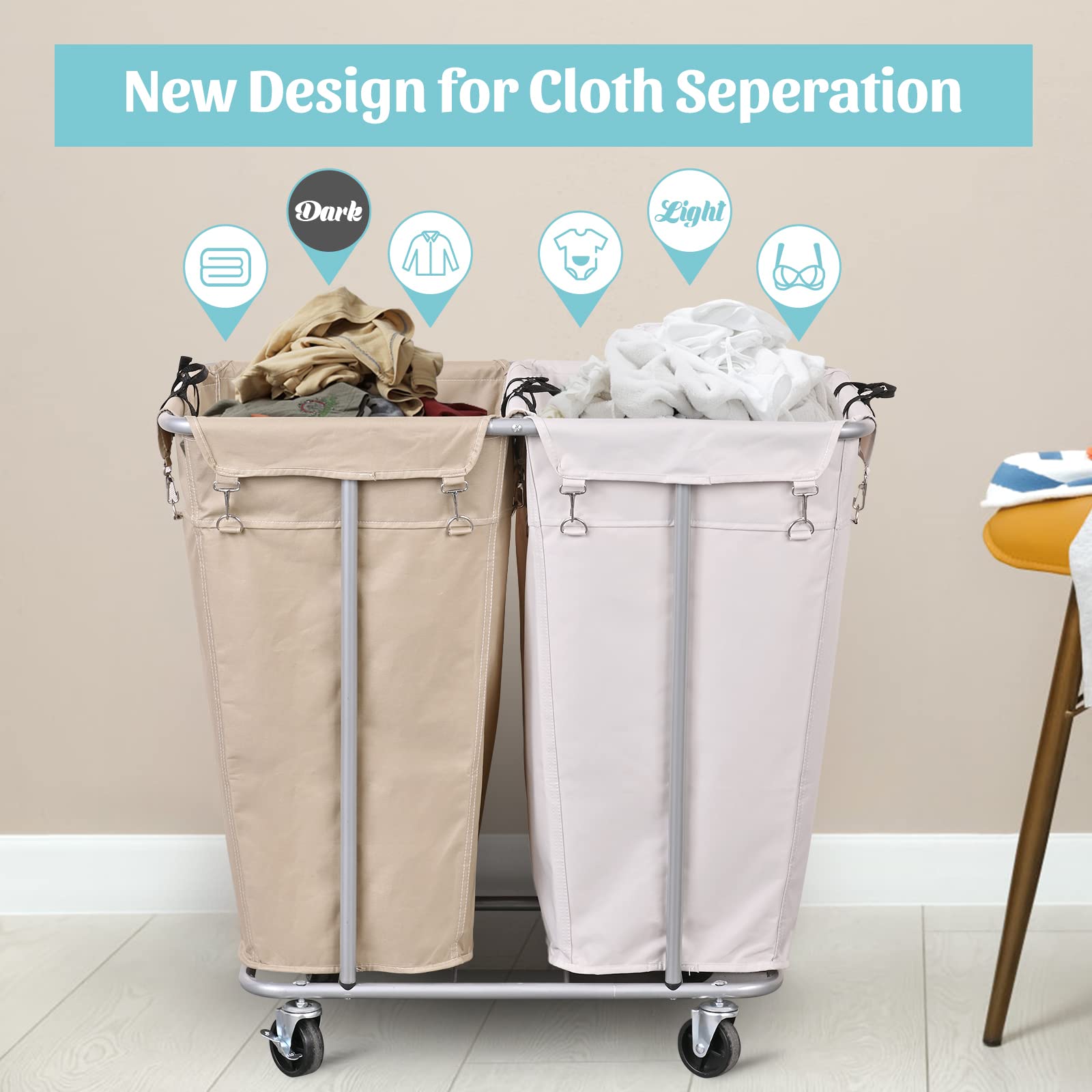 PLKOW Laundry Cart with Wheels 280L Large Laundry Sorter 2 Section for Commercial/Home