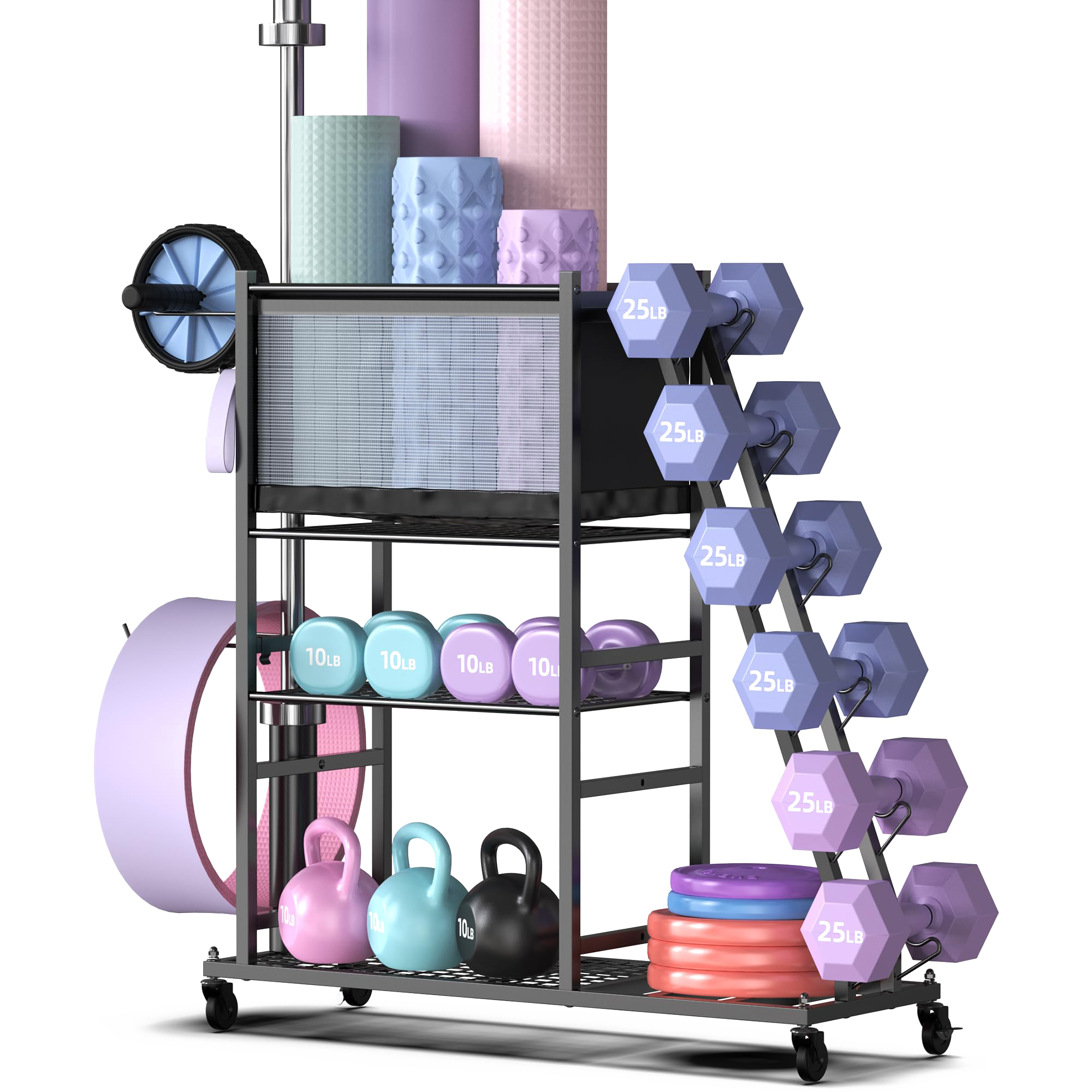 Mythinglogic Weight Rack for Yoga Mat Dumbbells Kettlebells and Strength Training Equipment,  with Wheels and Hanging Hooks