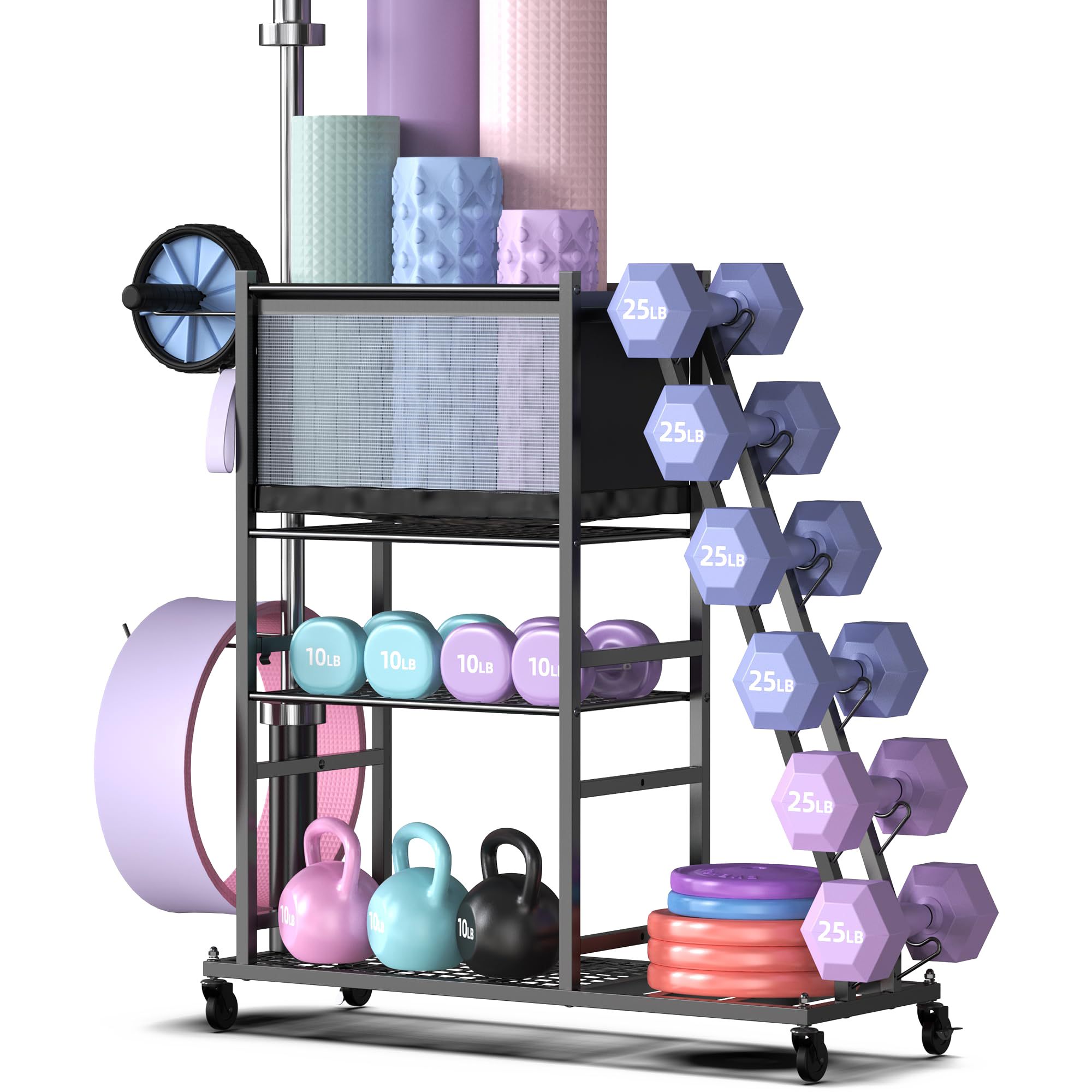 Mythinglogic Weight Rack for Yoga Mat Dumbbells Kettlebells and Strength Training Equipment, with Wheels and Hanging Hooks