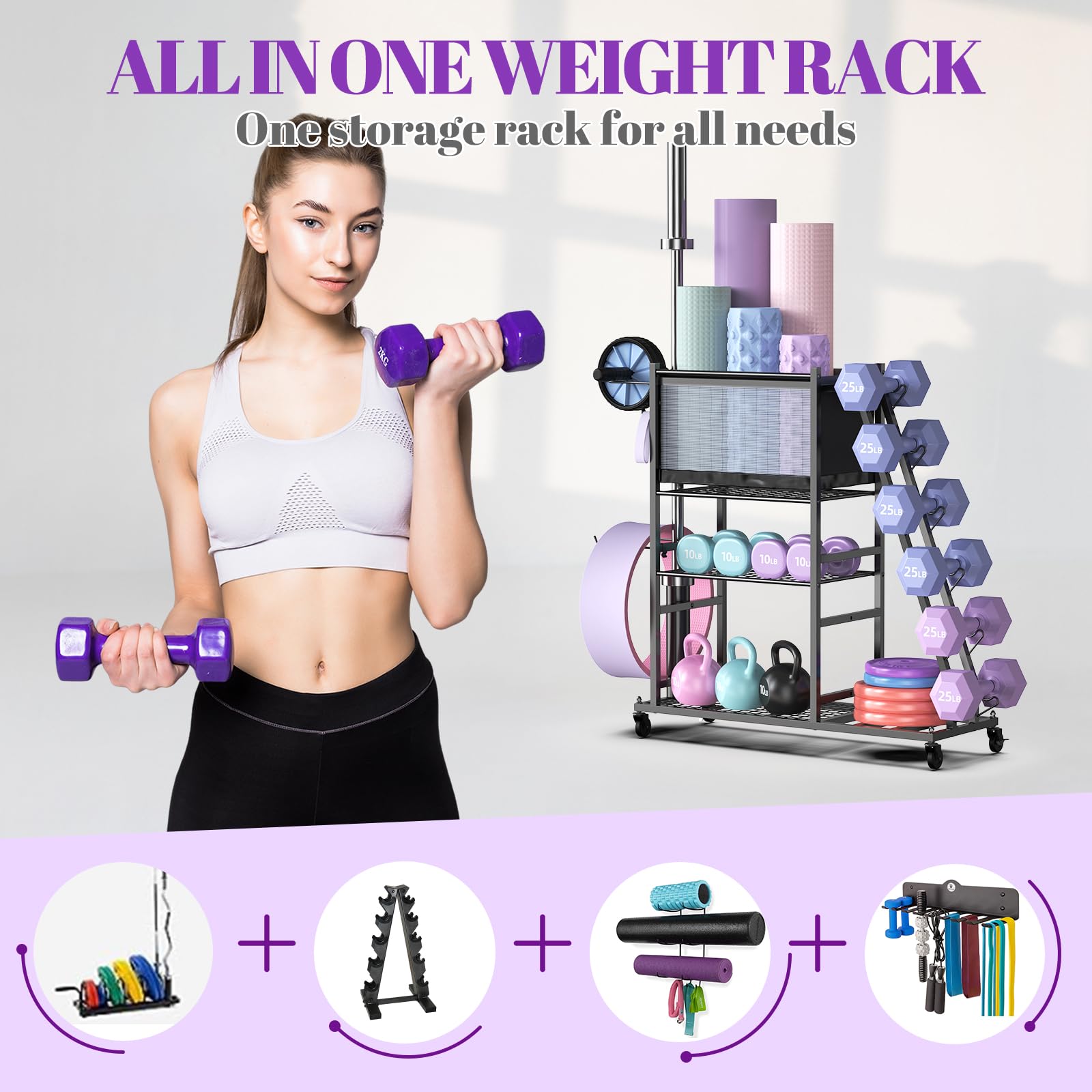 Mythinglogic Weight Rack for Yoga Mat Dumbbells Kettlebells and Strength Training Equipment, with Wheels and Hanging Hooks