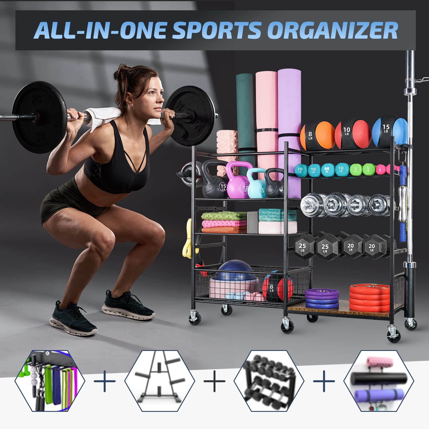 PLKOW Home Gym Storage for Dumbbells Kettlebells Yoga Mat and Balls, All in One Workout Storage with Wheels and Hook