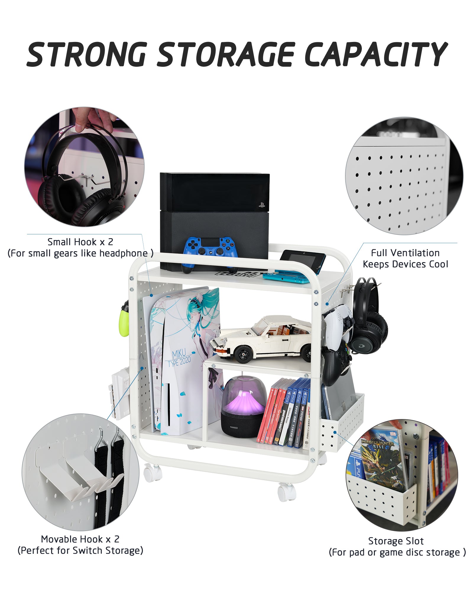Mythinglogic Gaming Station Organizer, Metal Game Controller Holder, Video Game Console Storage Rack, Game Organizer Storage for PS5/PS4/Xbox/Switch/Gaming Accessories (White)