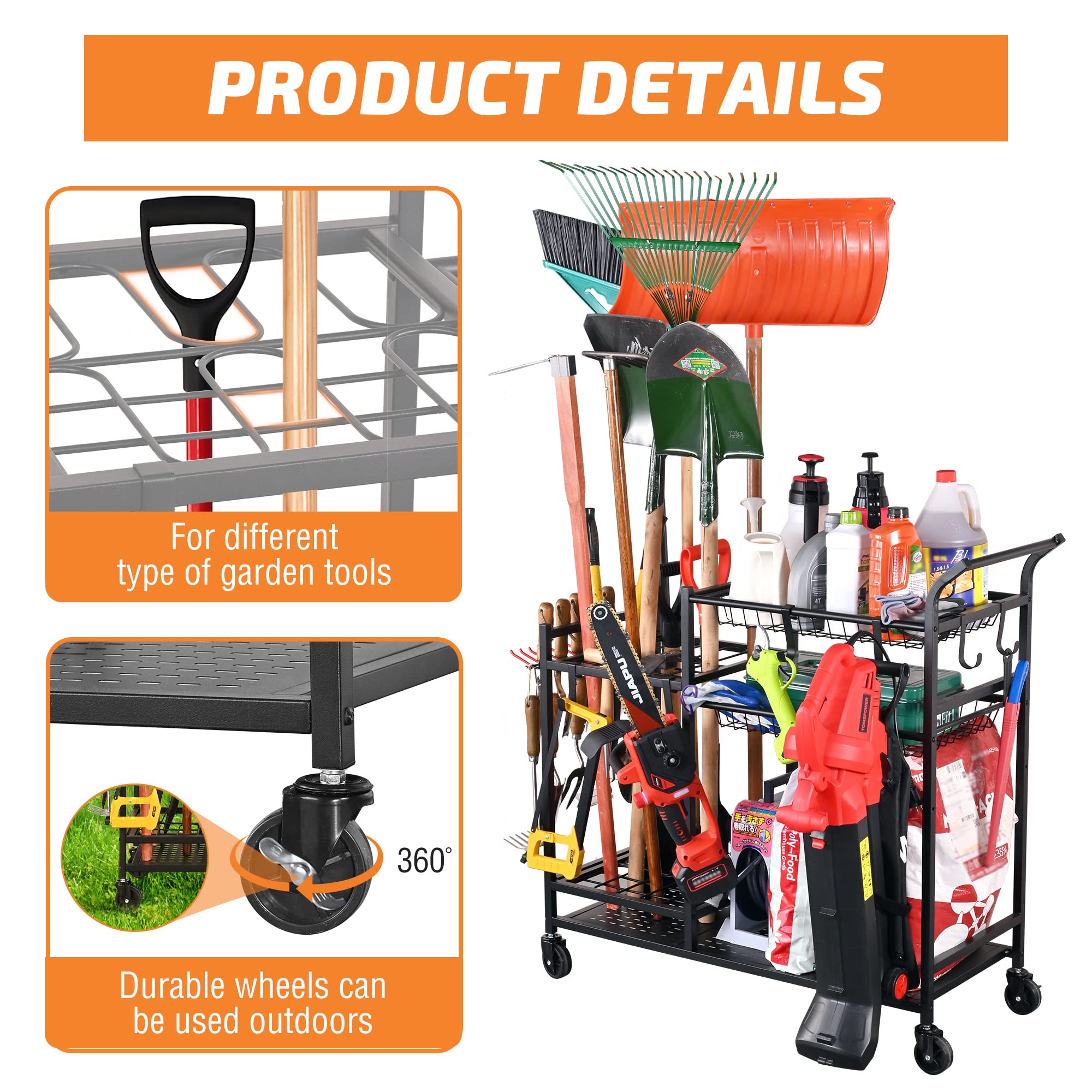 PLKOW Garden Storage Rack Cart with Wheels for Rakes, Shovel, Fertilizer