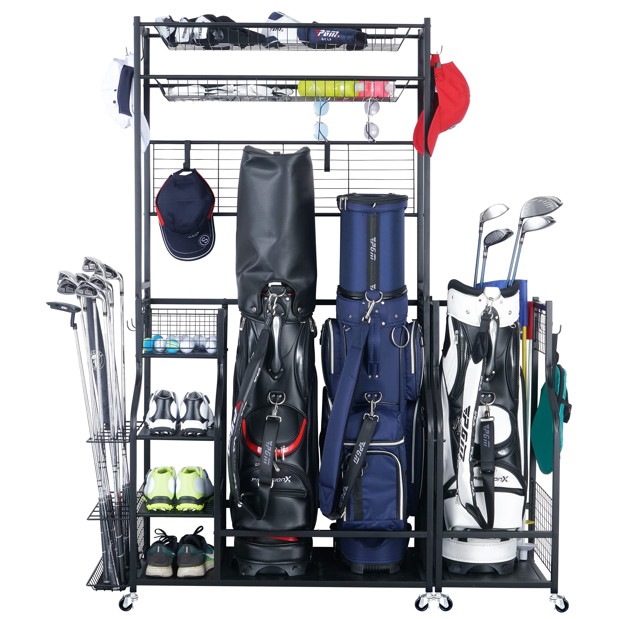 Mythinglogic Golf club Rack for Garage with Extra Golf Bag Rack and Top Organizer, Best Gift for Golfers