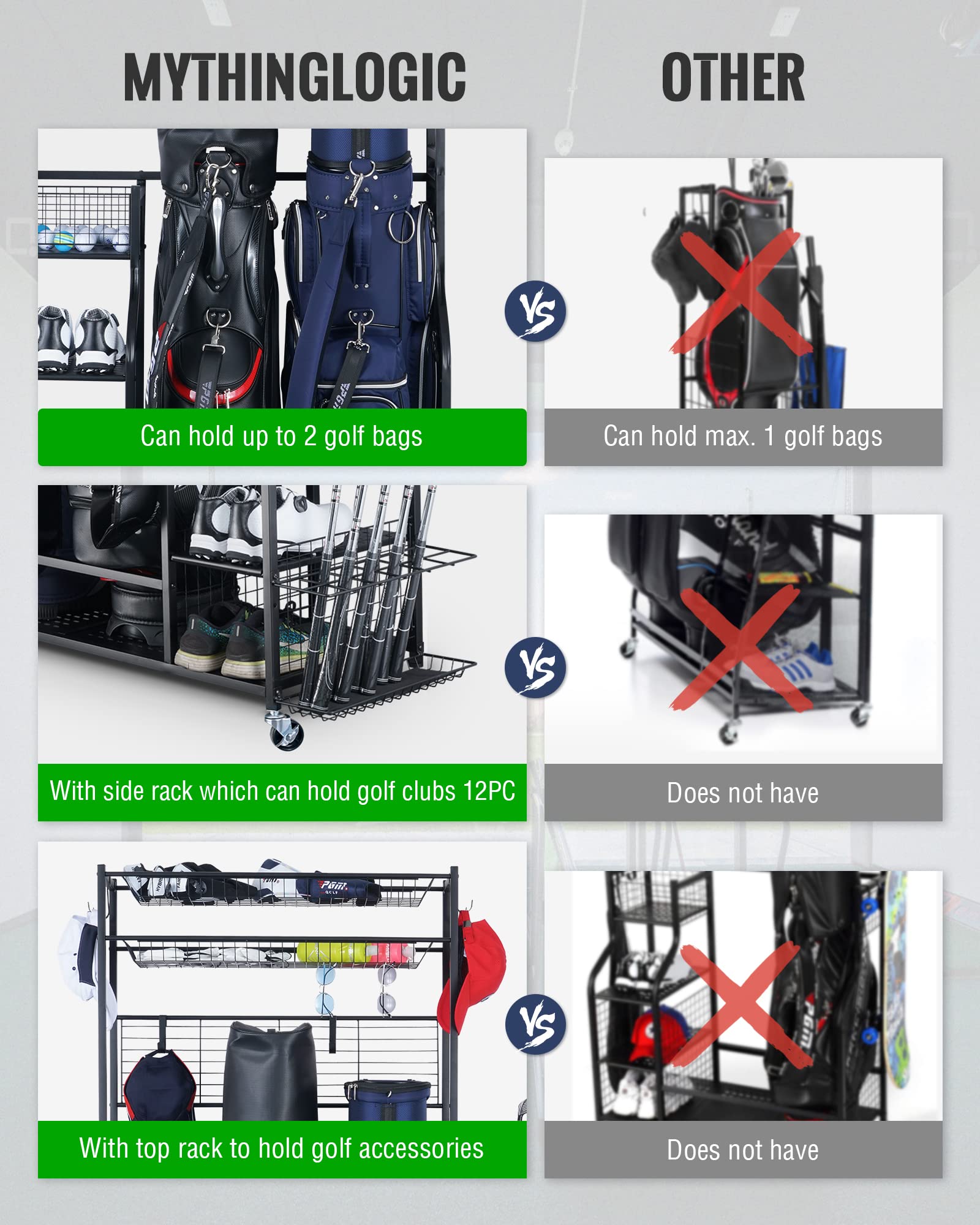 Mythinglogic Golf Bag Stand, Golf Organizer for Garage with Extra Top Organizer