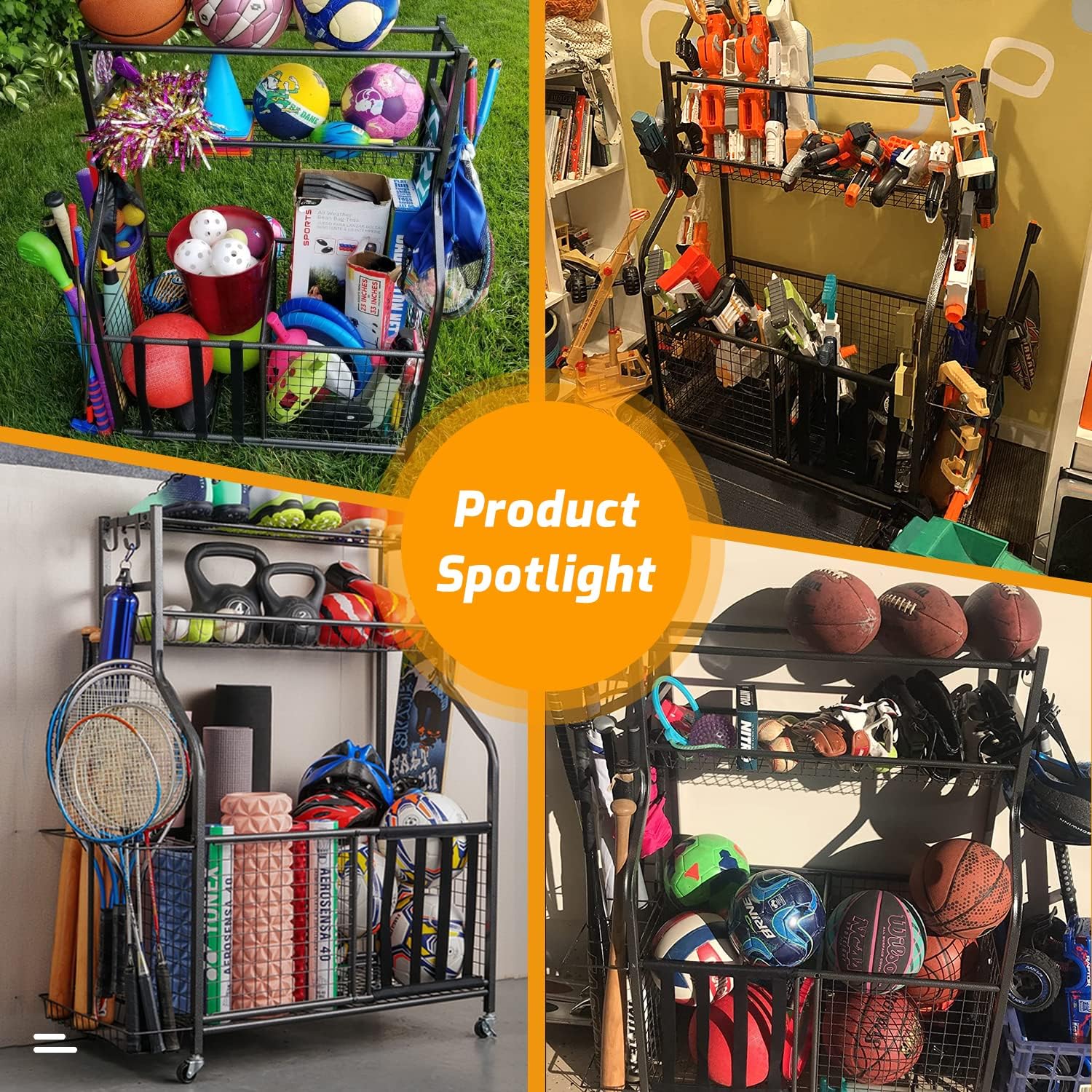 PLKOW Sports Equipment Storage for Garage, Garage Sports Equipment Organizer, Ball Storage Rack, Garage Organizer with Basket and Hooks for Toy Sports Gear Storage, Black