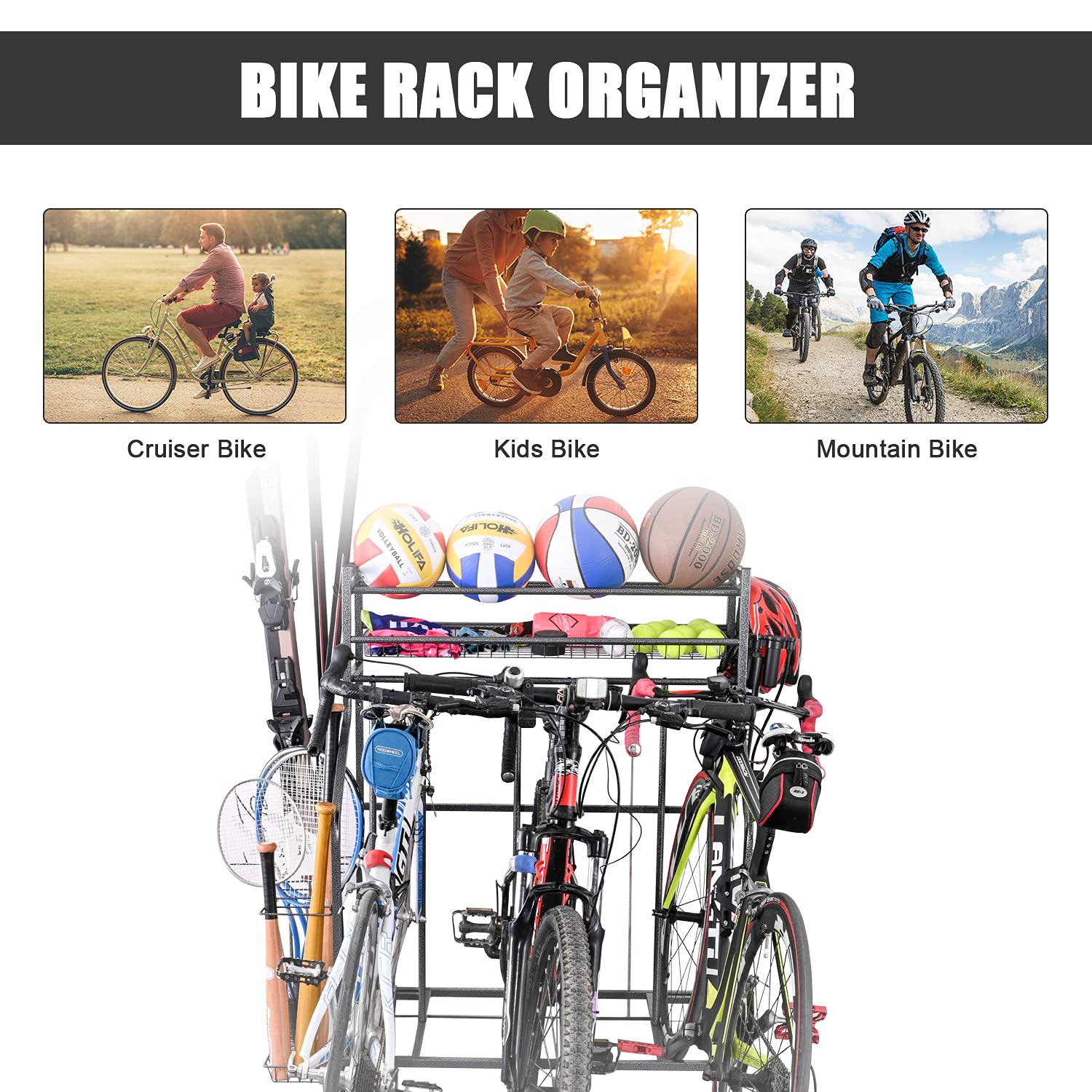 Mythinglogic Garage Bike Rack Storage Organizer,3 Bike Floor Parking Stand for Garage Organizer