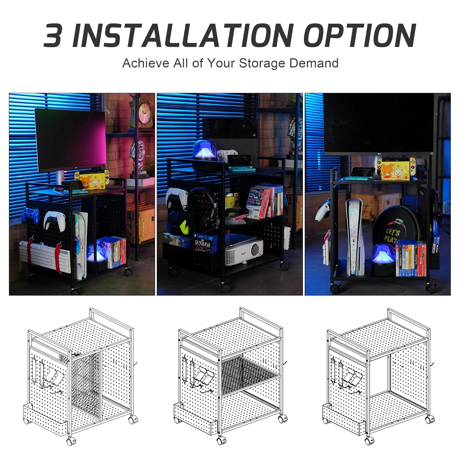 PLKOW Video Game Storage Rack, Game Storage Organizer for Consoles, Controllers, Headphones PS5 PS4 Xbox Switch Nintendo Accessories, Rolling PS5 Console Stand, Perfect Holiday Present
