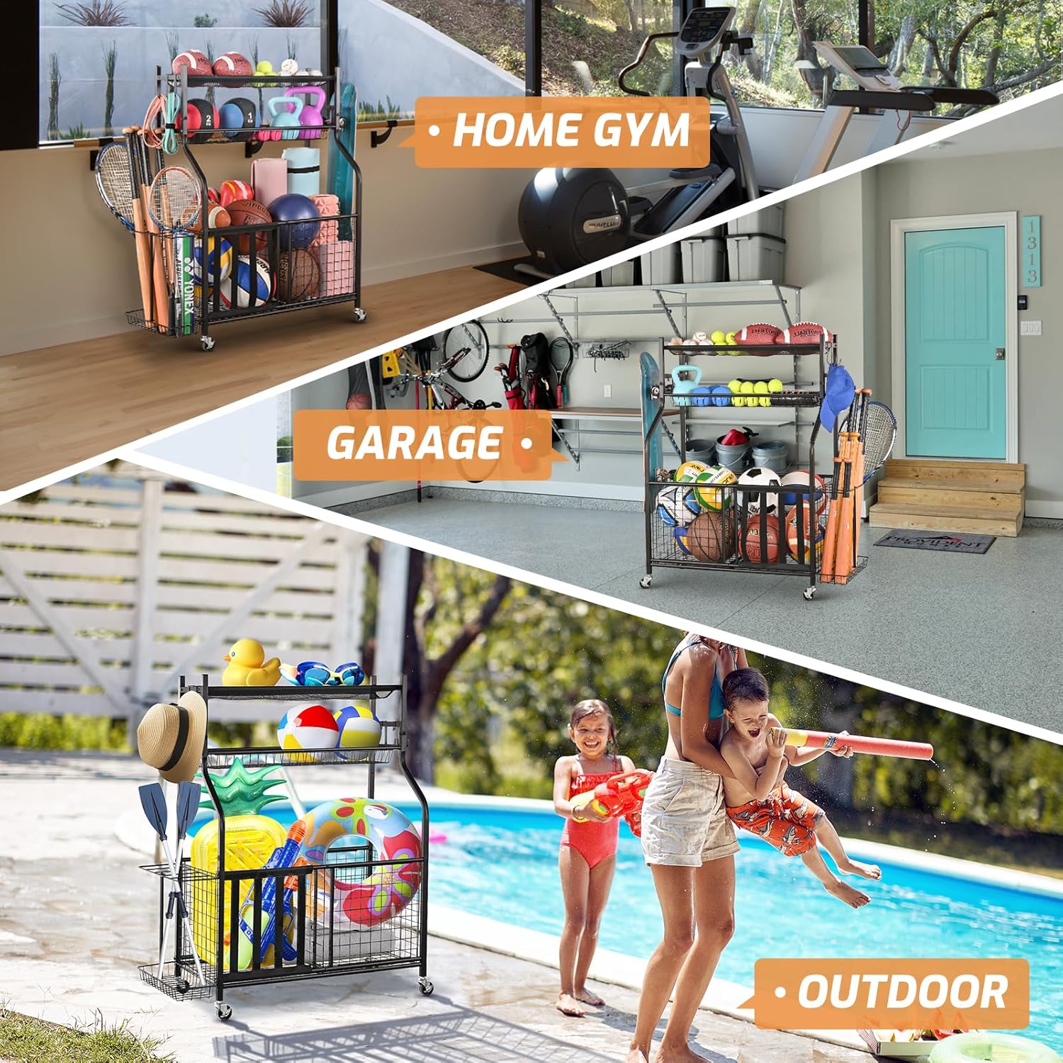 PLKOW Sports Equipment Storage for Garage, Garage Sports Equipment Organizer, Ball Storage Rack, Garage Organizer with Basket and Hooks for Toy Sports Gear Storage, Black