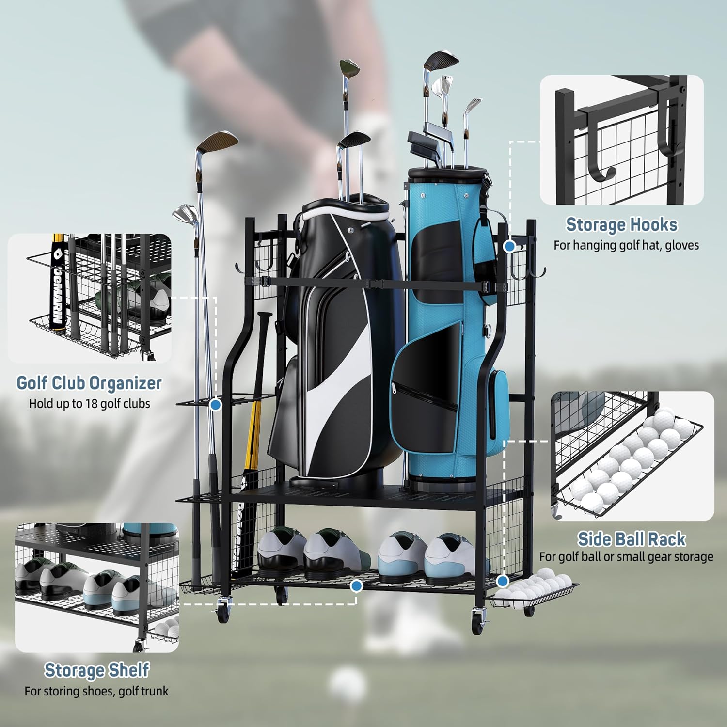 PLKOW Golf Storage Golf Bag Organizer Fits for 2 Golf Bags Golf Clubs Golf Equipment, Golf Bag Holder Golf Organizer for Garage Shed Basement