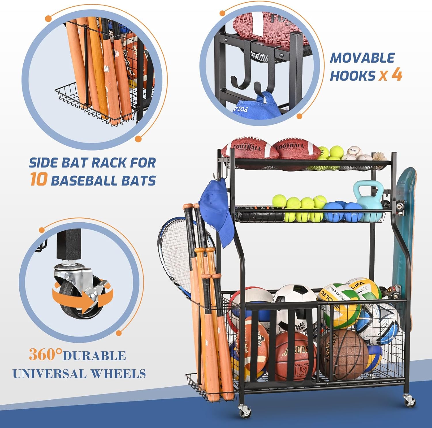PLKOW Sports Equipment Storage for Garage, Garage Sports Equipment Organizer, Ball Storage Rack, Garage Organizer with Basket and Hooks for Toy Sports Gear Storage, Black