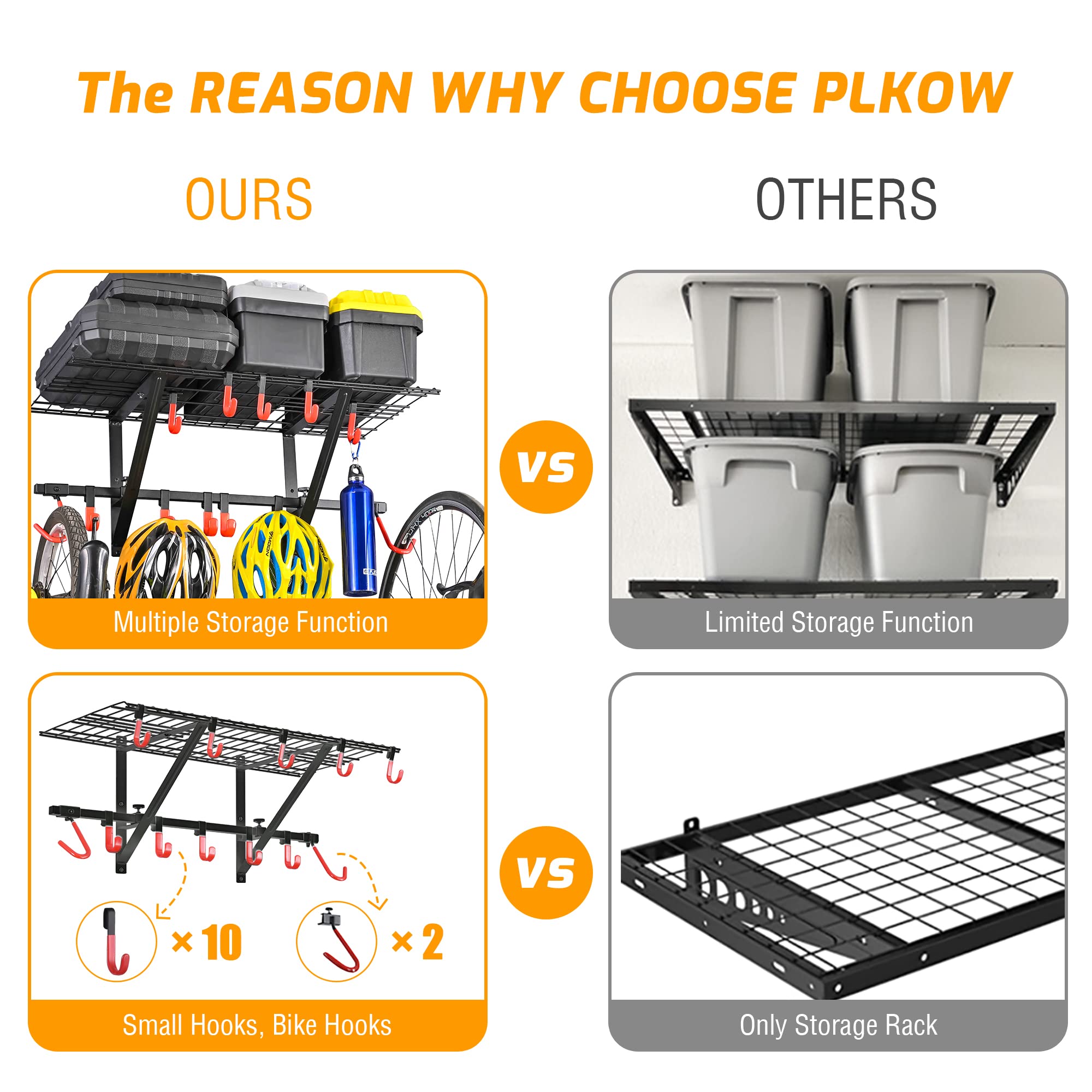 PLKOW Garage Wall Shelving 4-Pack Includes Bike Hooks, Sturdy Adjustable Garage Shelving Wall Mount Garage Wall Organizer (Black, 4-Pack)