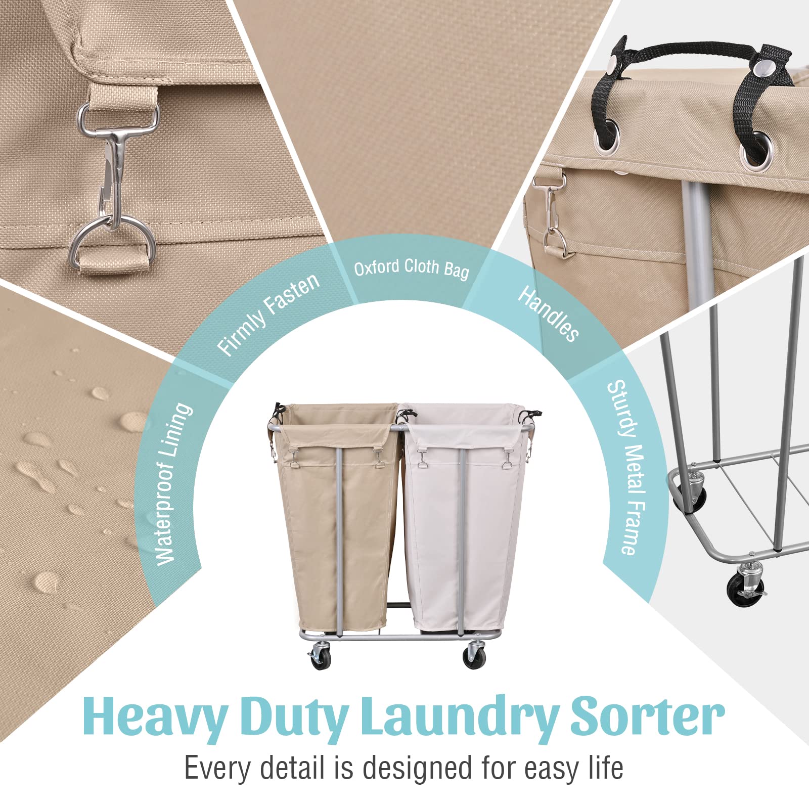 PLKOW Laundry Cart with Wheels 280L Large Laundry Sorter 2 Section for Commercial/Home