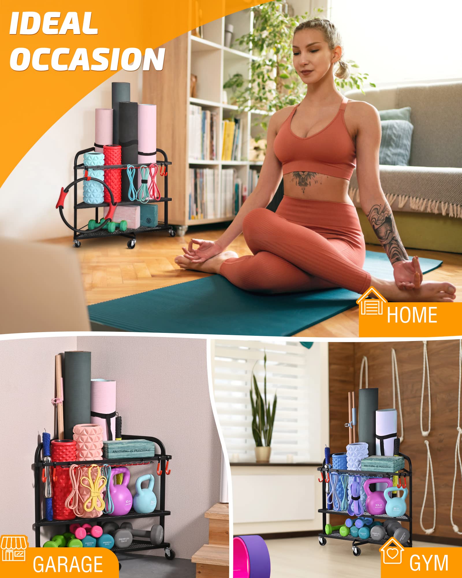 PLKOW Yoga Mat Storage Rack, Home Gym Storage Rack for Yoga Mat, Foam Roller, Resistance Bands, Yoga Block and Dumbbells