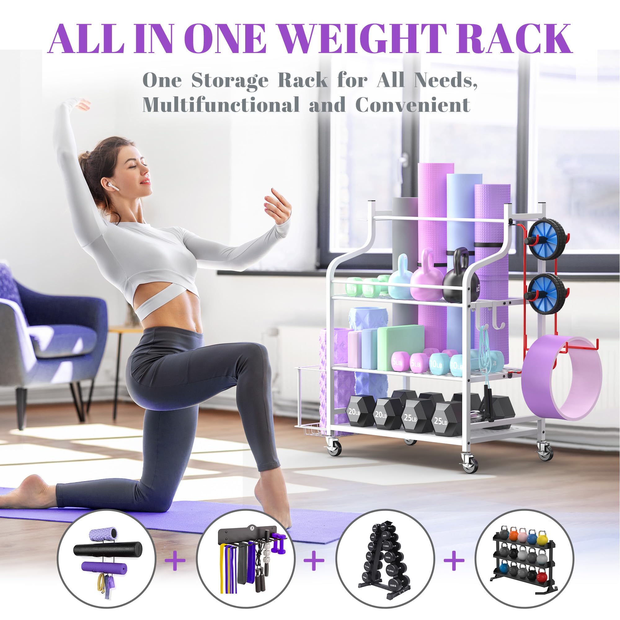 Mythinglogic Home Gym Storage Rack for Yoga Equipment, White