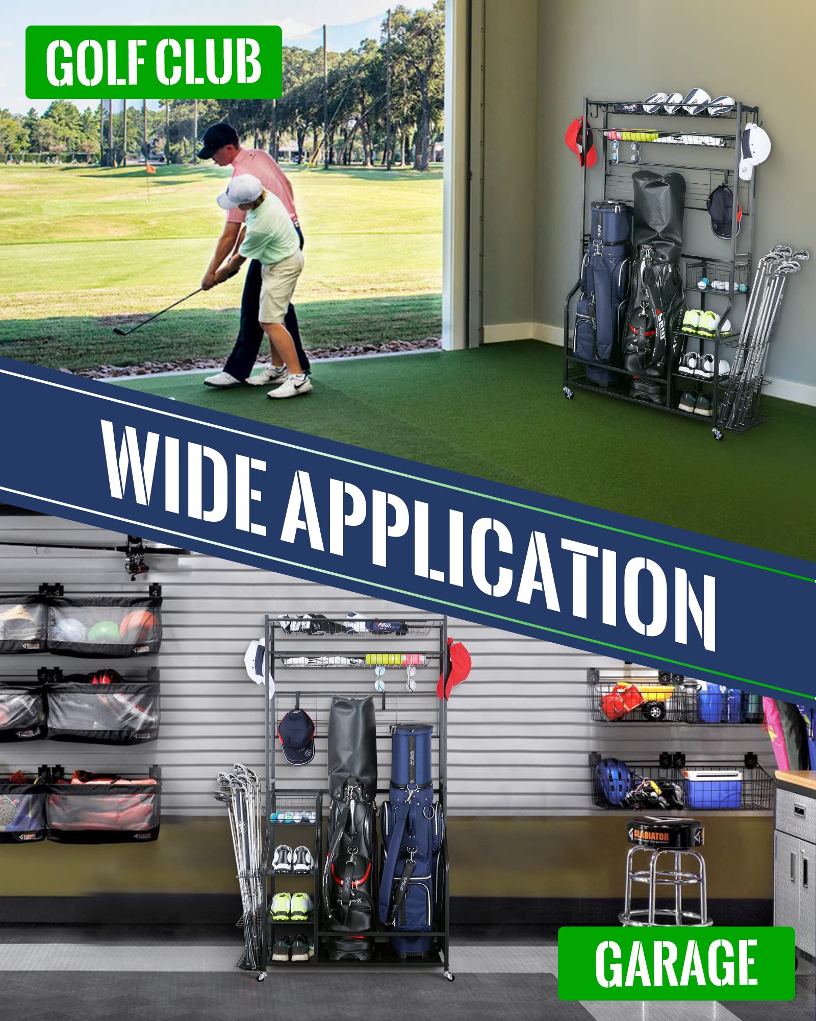 Mythinglogic Golf Bag Stand, Golf Organizer for Garage with Extra Top Organizer