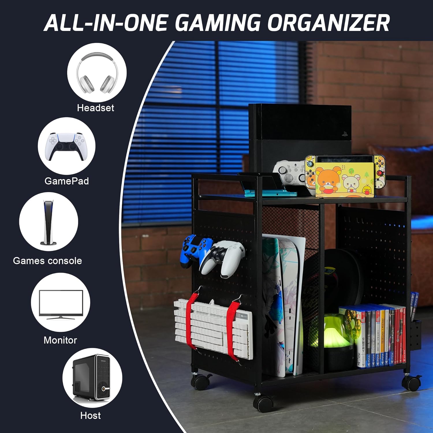PLKOW Video Game Storage Rack, Game Storage Organizer for Consoles, Controllers, Headphones PS5 PS4 Xbox Switch Nintendo Accessories, Rolling PS5 Console Stand, Perfect Holiday Present