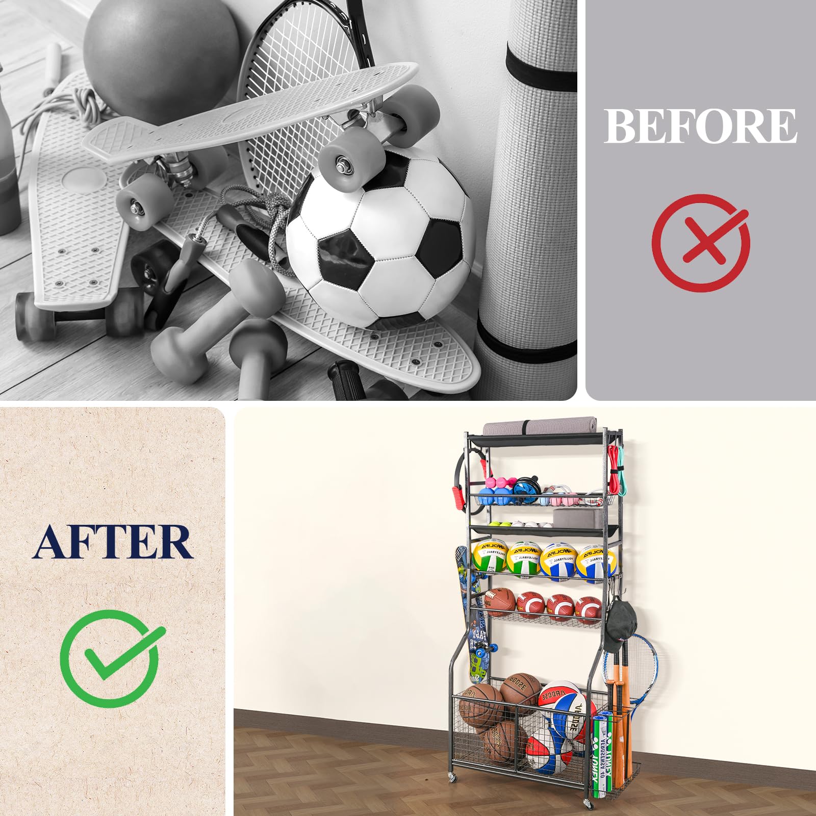 Mythinglogic Sports Equipment Garage Organizer,Garage Ball Storage for Sports Gear and Toys, Rolling Ball Cart with Wheels for Indoor/Outdoor Use