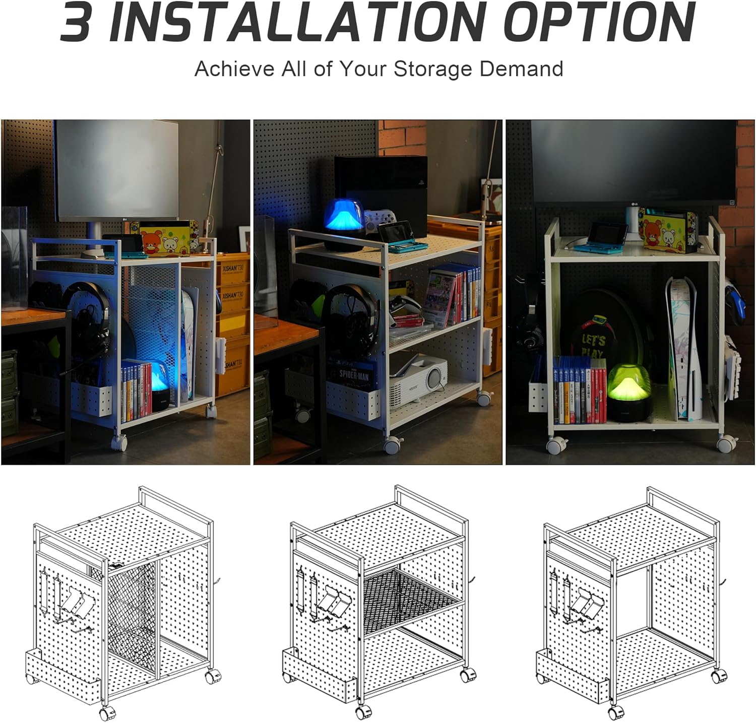PLKOW Video Game Storage Rack, Game Storage Organizer for Consoles, Controllers, Headphones PS5 PS4 Xbox Switch Nintendo Accessories, Rolling PS5 Console Stand, Perfect Holiday Present