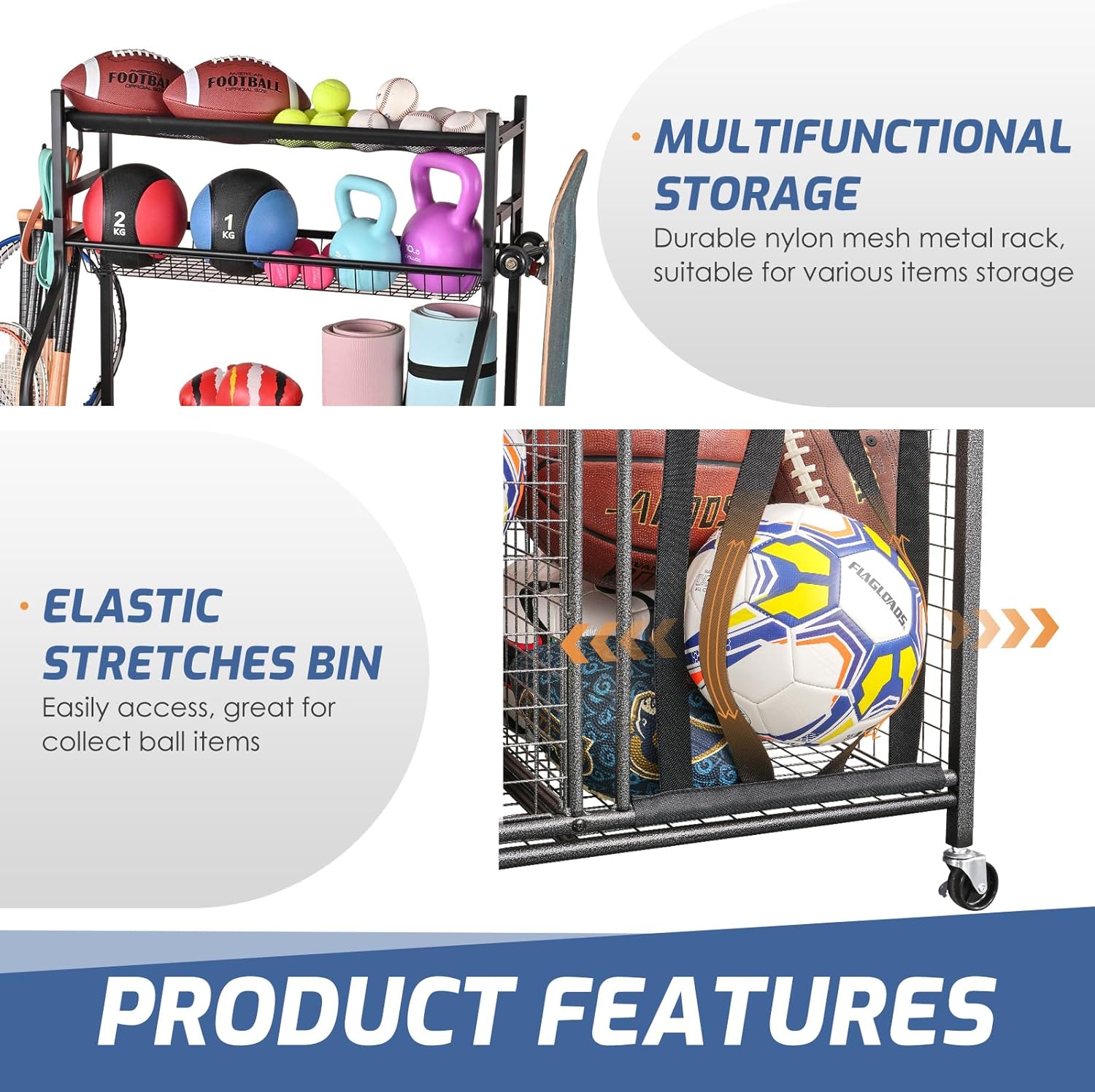 PLKOW Sports Equipment Storage for Garage, Garage Sports Equipment Organizer, Ball Storage Rack, Garage Organizer with Basket and Hooks for Toy Sports Gear Storage, Black