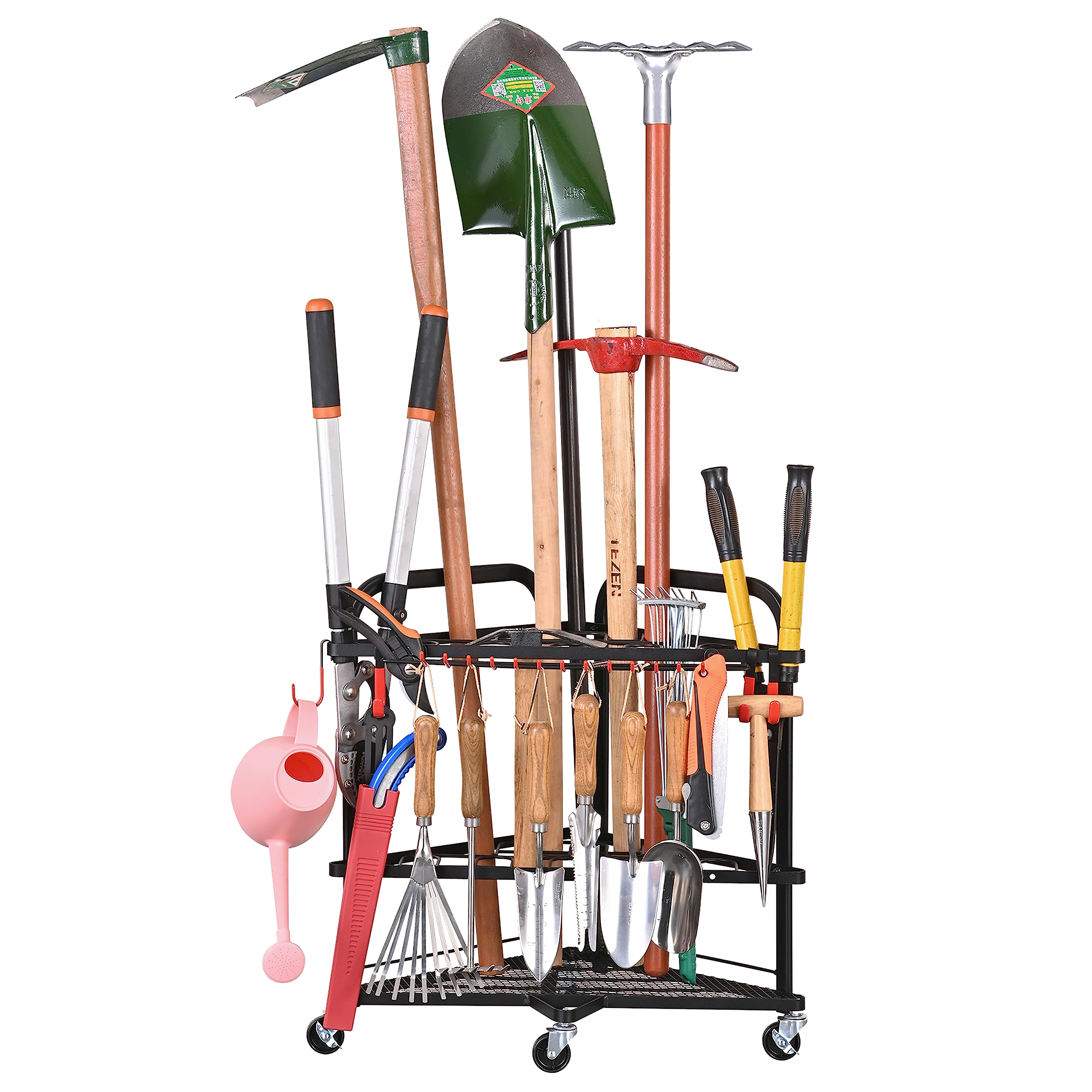 PLKOW Triangular Garden Tool Organizer with Wheels and Storage Hooks