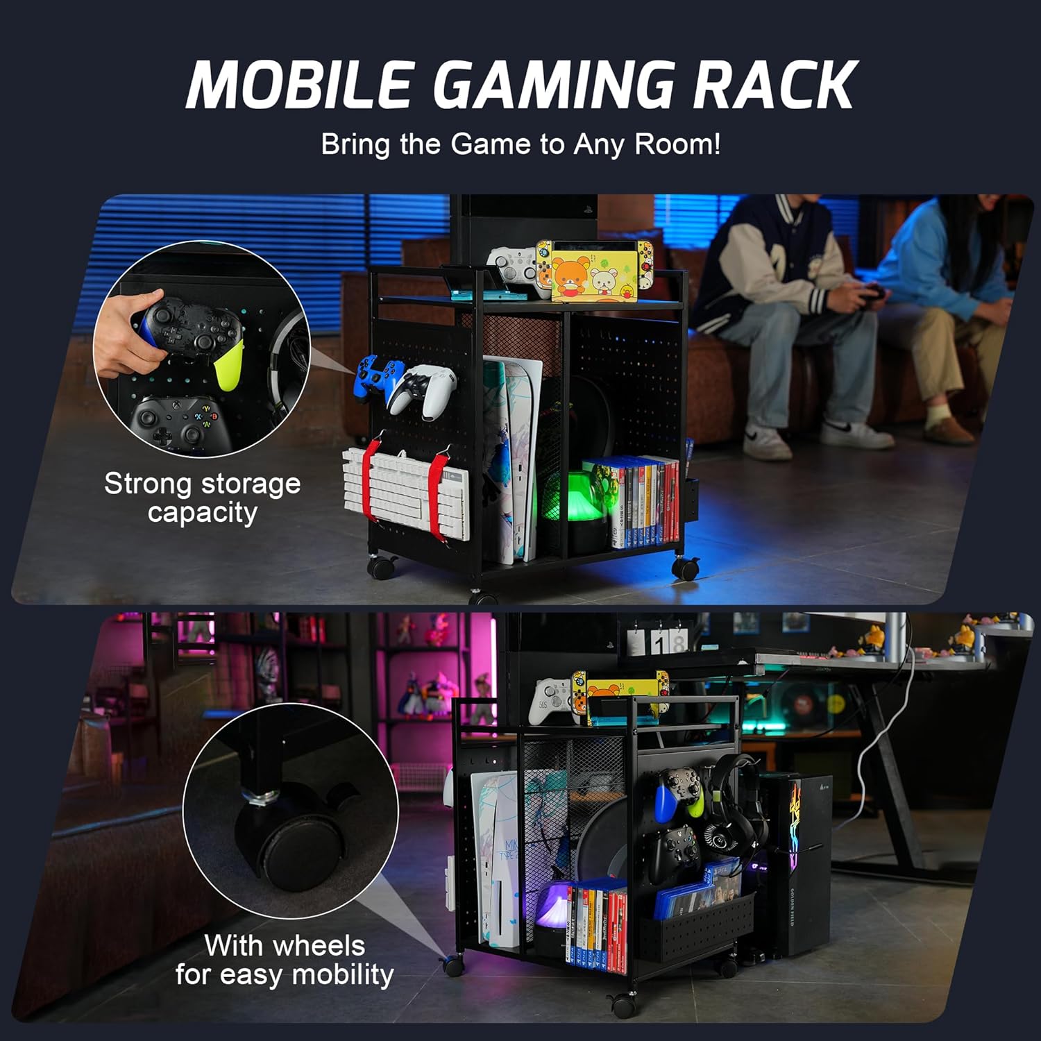 PLKOW Video Game Storage Rack, Game Storage Organizer for Consoles, Controllers, Headphones PS5 PS4 Xbox Switch Nintendo Accessories, Rolling PS5 Console Stand, Perfect Holiday Present