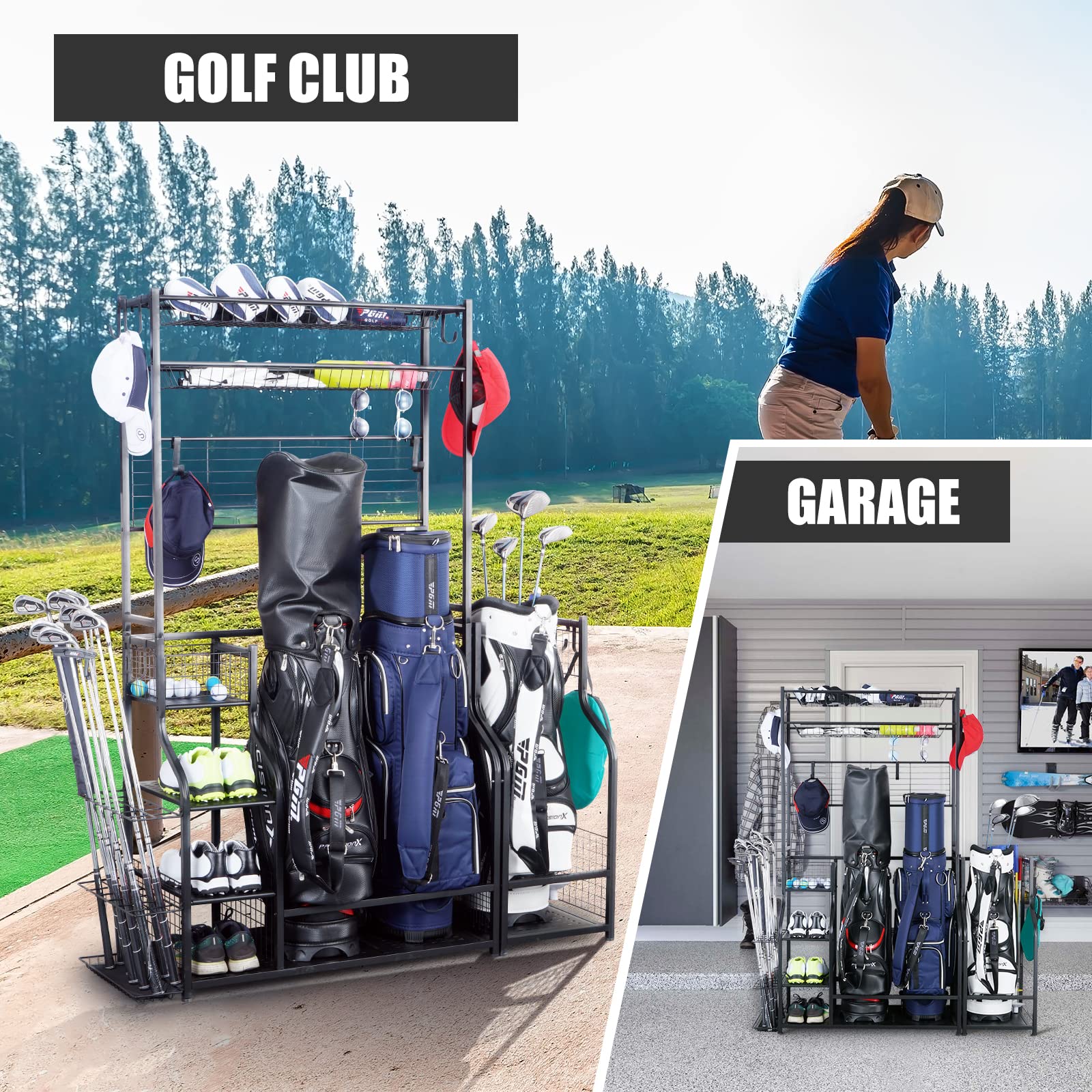 Mythinglogic Golf club Rack for Garage with Extra Golf Bag Rack and Top Organizer, Best Gift for Golfers