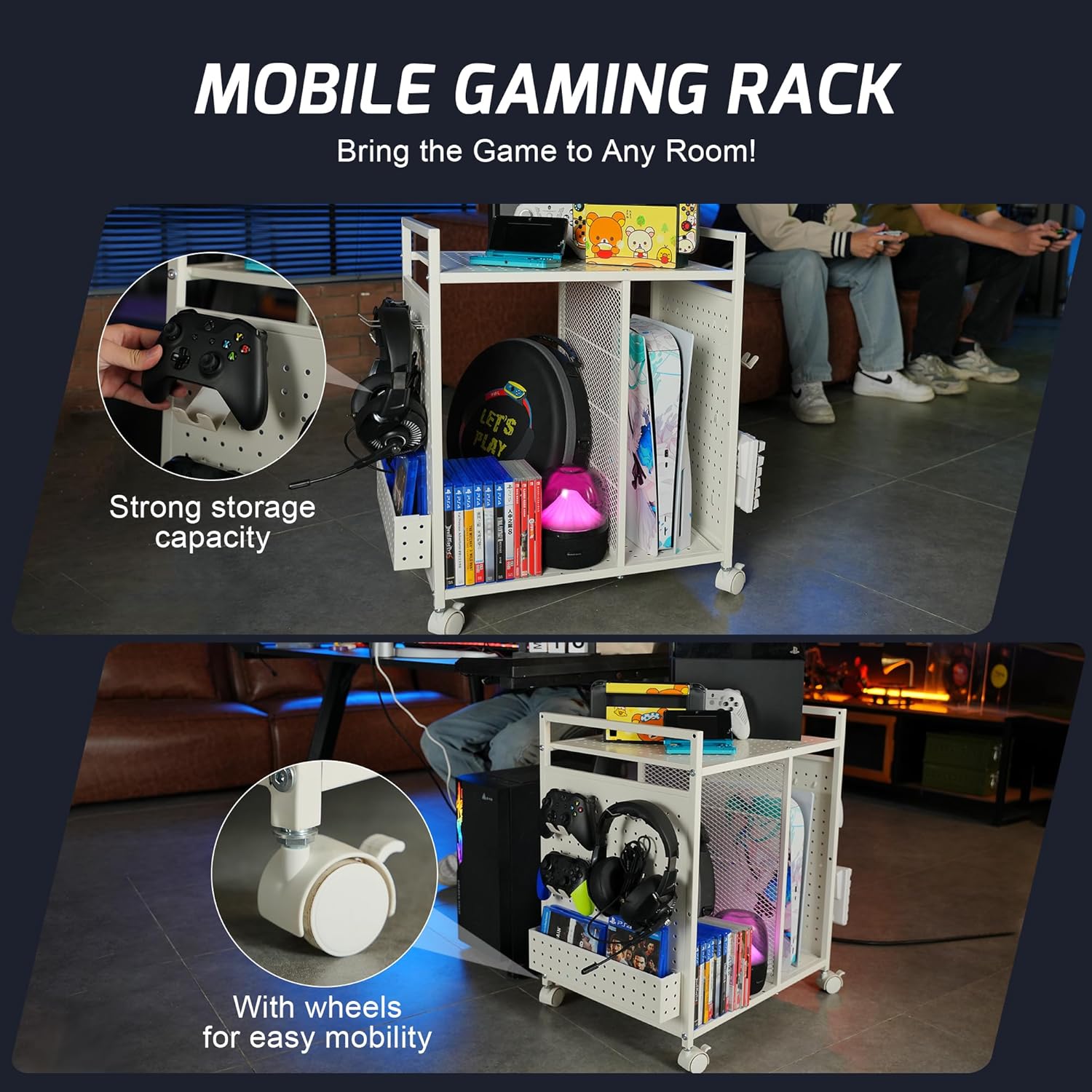 PLKOW Video Game Storage Rack, Game Storage Organizer for Consoles, Controllers, Headphones PS5 PS4 Xbox Switch Nintendo Accessories, Rolling PS5 Console Stand, Perfect Holiday Present
