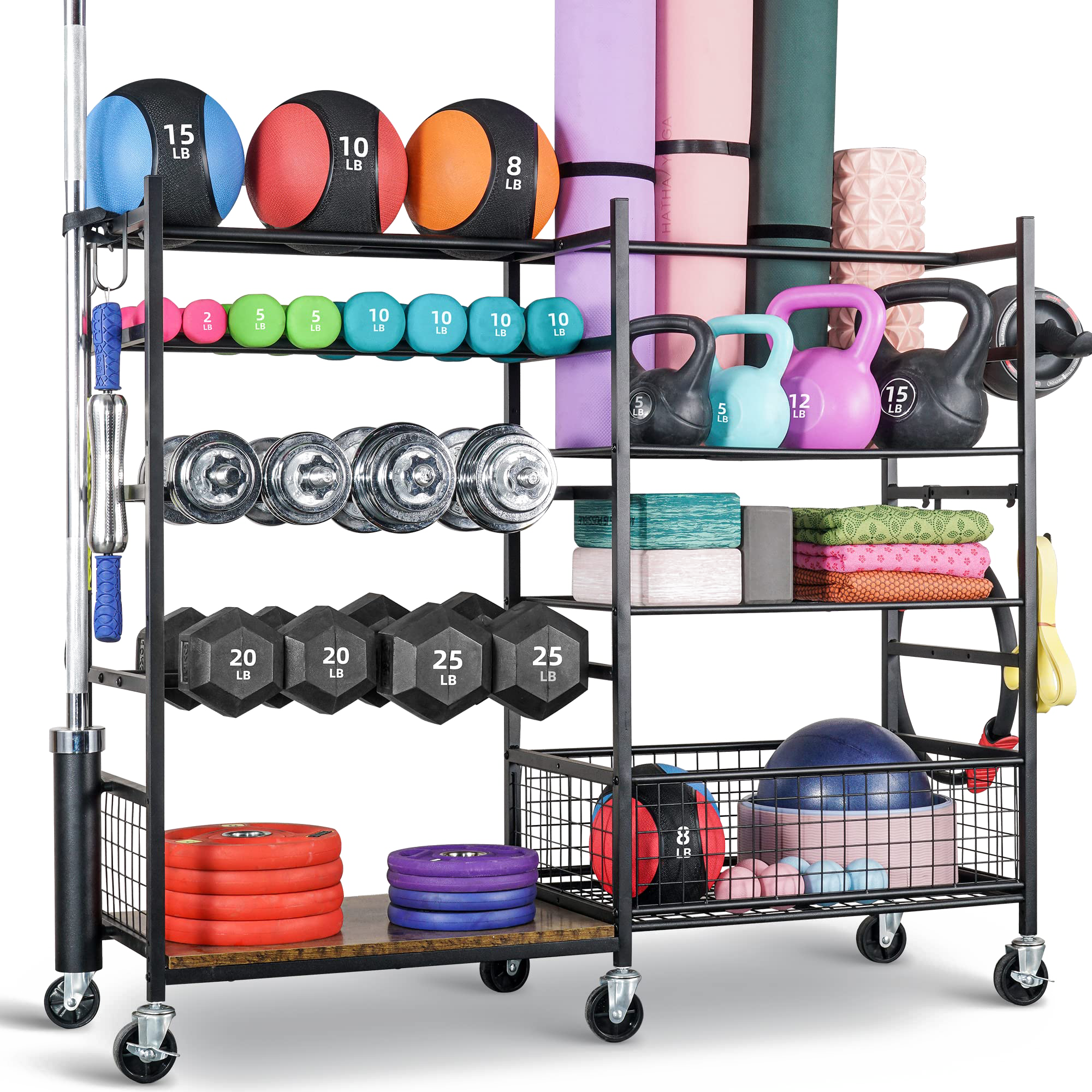 PLKOW Home Gym Storage for Dumbbells Kettlebells Yoga Mat and Balls, All in One Workout Storage with Wheels and Hook